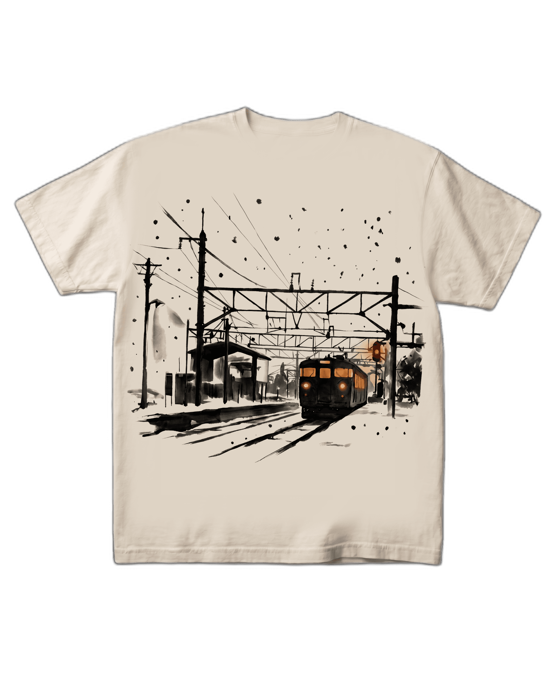 The Iwafune Station tee on a pure black background, flat-front catalog presentation. The sumi-e ink train print with sodium-amber lit windows centered on the chest.