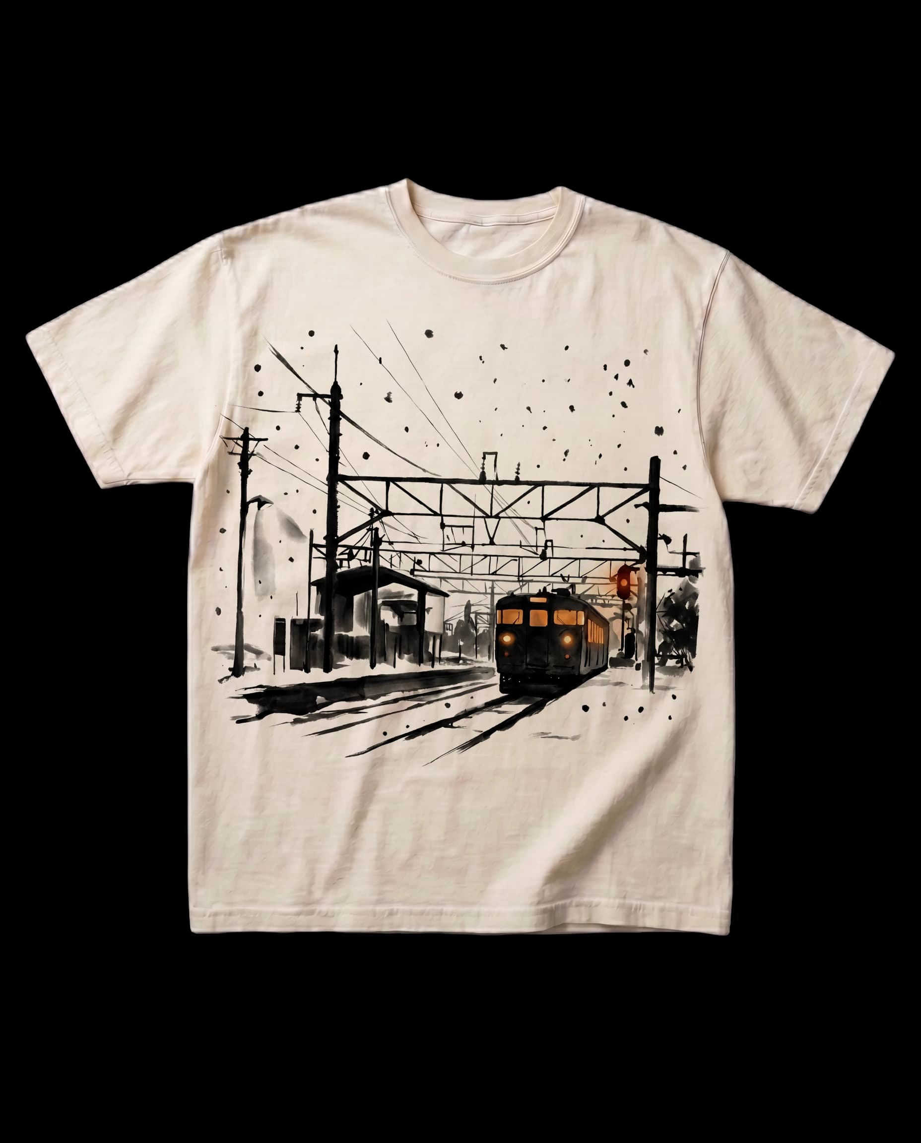 The Iwafune Station tee in Bone, laid flat: a sumi-e ink print of a small station in falling snow, overhead wires, and a train with lit windows.