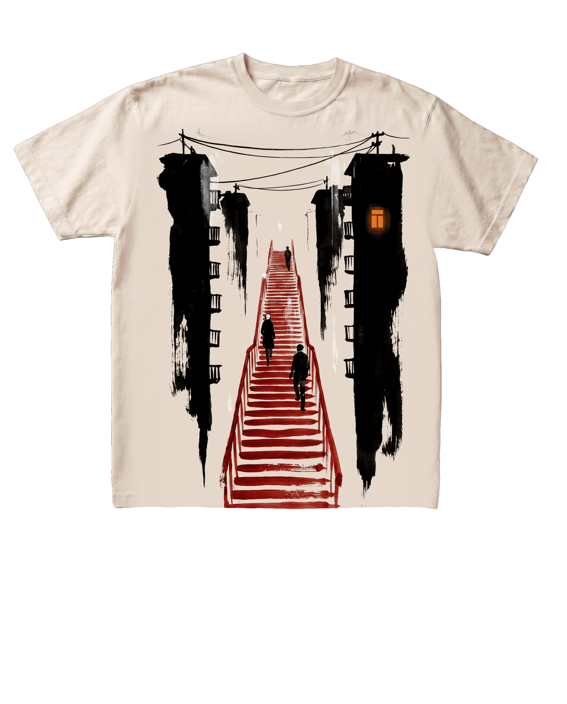 The Kataware-doki tee on a pure black background, flat-front catalog presentation. The brushwork red staircase print between brush-ink apartment-block silhouettes centered on the chest.