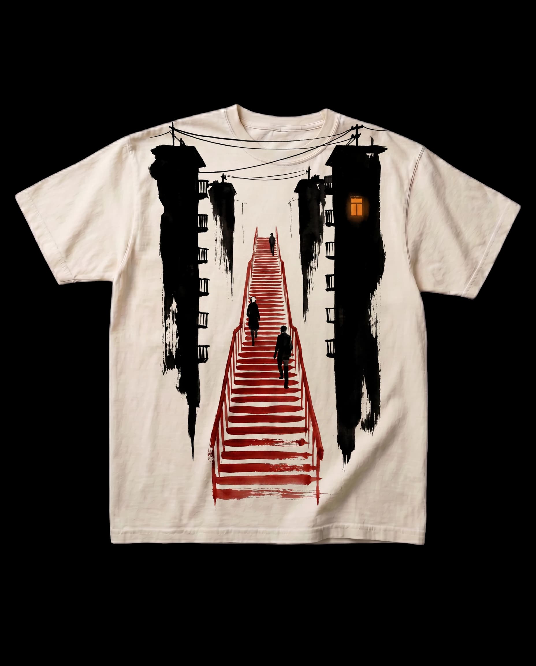 The Kataware-doki tee in Bone, laid flat: a sumi-e ink print of a red staircase climbing between two ink apartment towers, three small figures on the stairs, and one lit window.