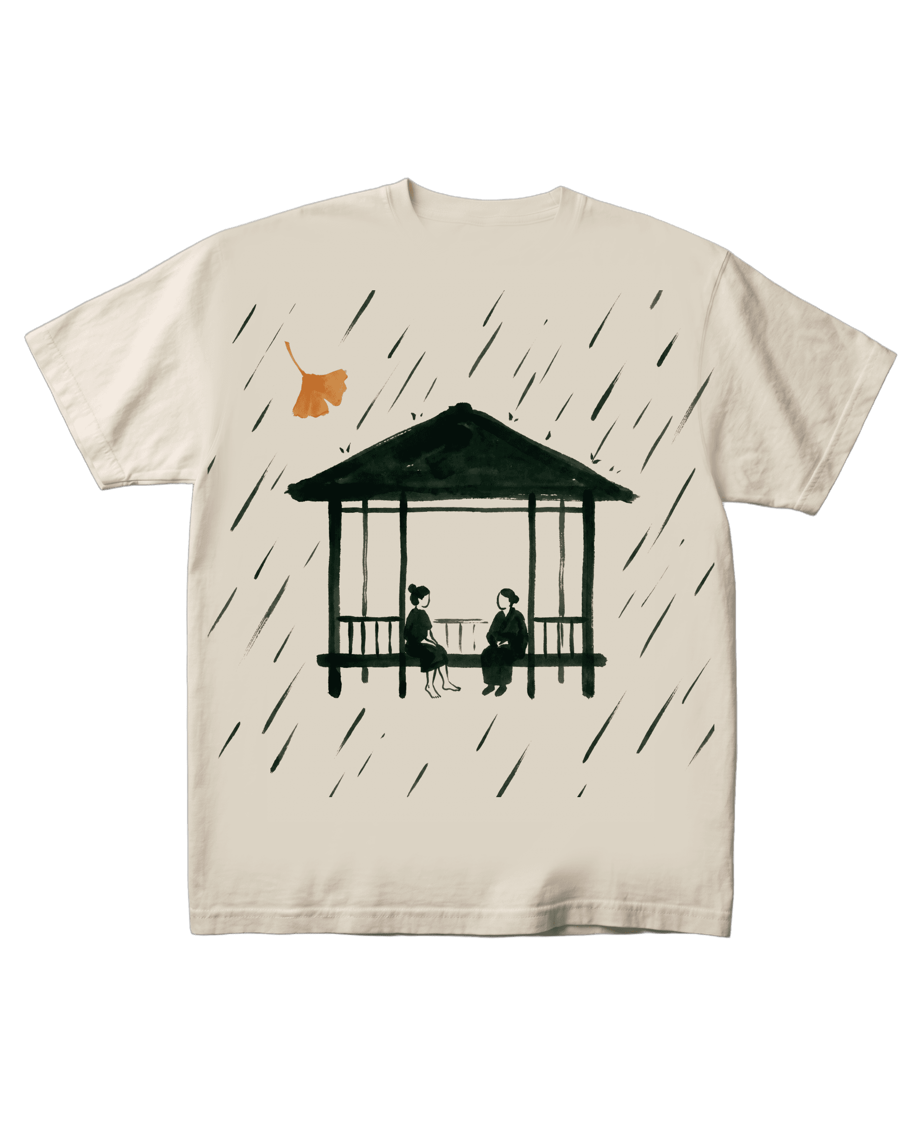 The Gazebo tee on a pure black background, flat-front catalog presentation. The sumi-e ink gazebo print with rain hatching and a warm-orange ginkgo leaf centered on the chest.