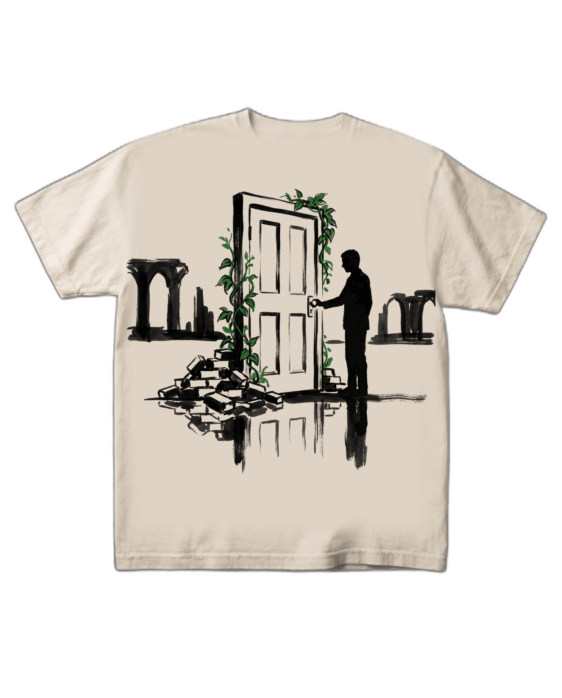 The Suzume's Door tee on a pure black background, flat-front catalog presentation. The freestanding white door with vines and figure silhouette centered on the chest.