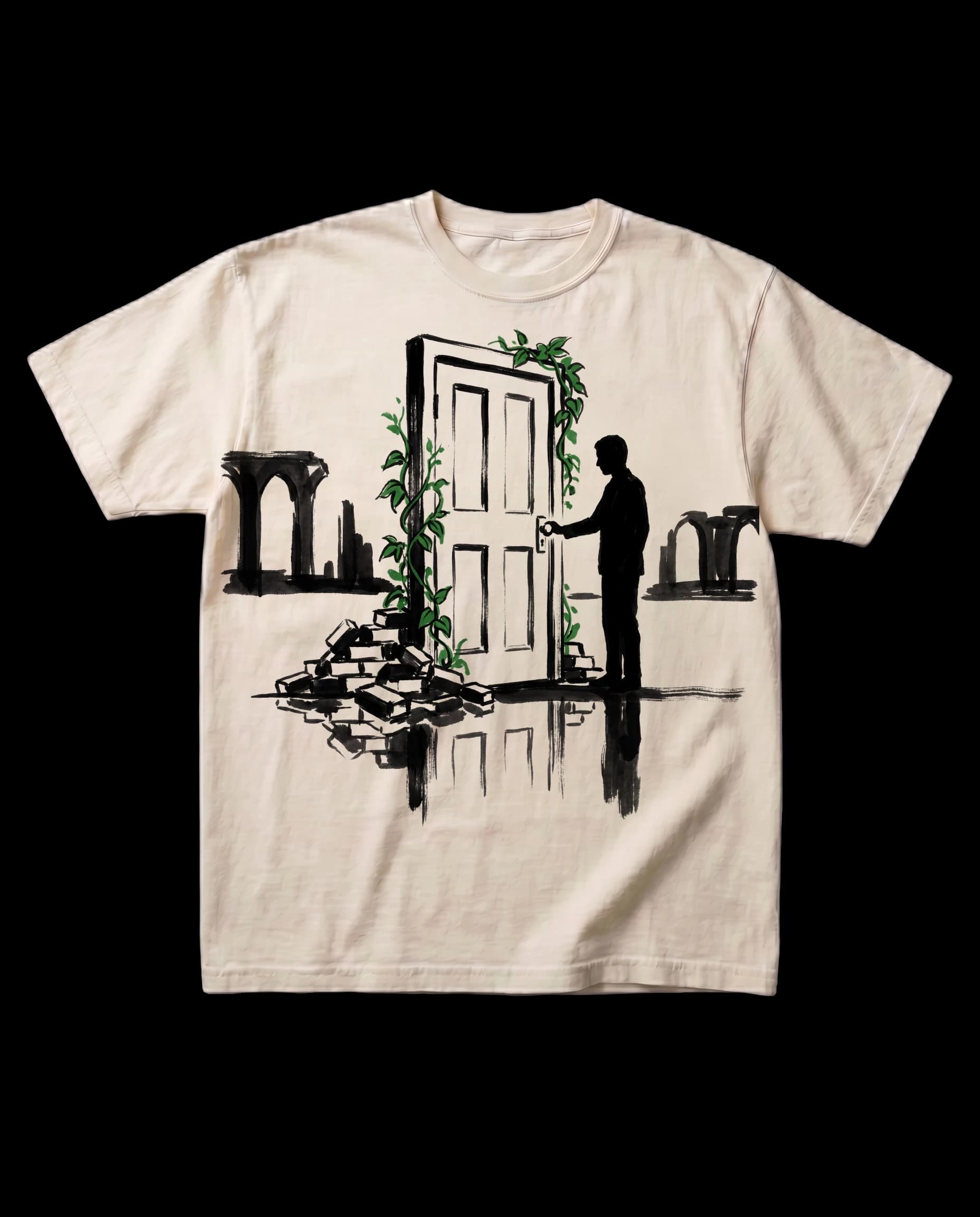 The Suzume's Door tee in Bone, laid flat: a sumi-e ink print of a door standing alone among ruins, green vines on the frame, and a figure with a hand on the handle.