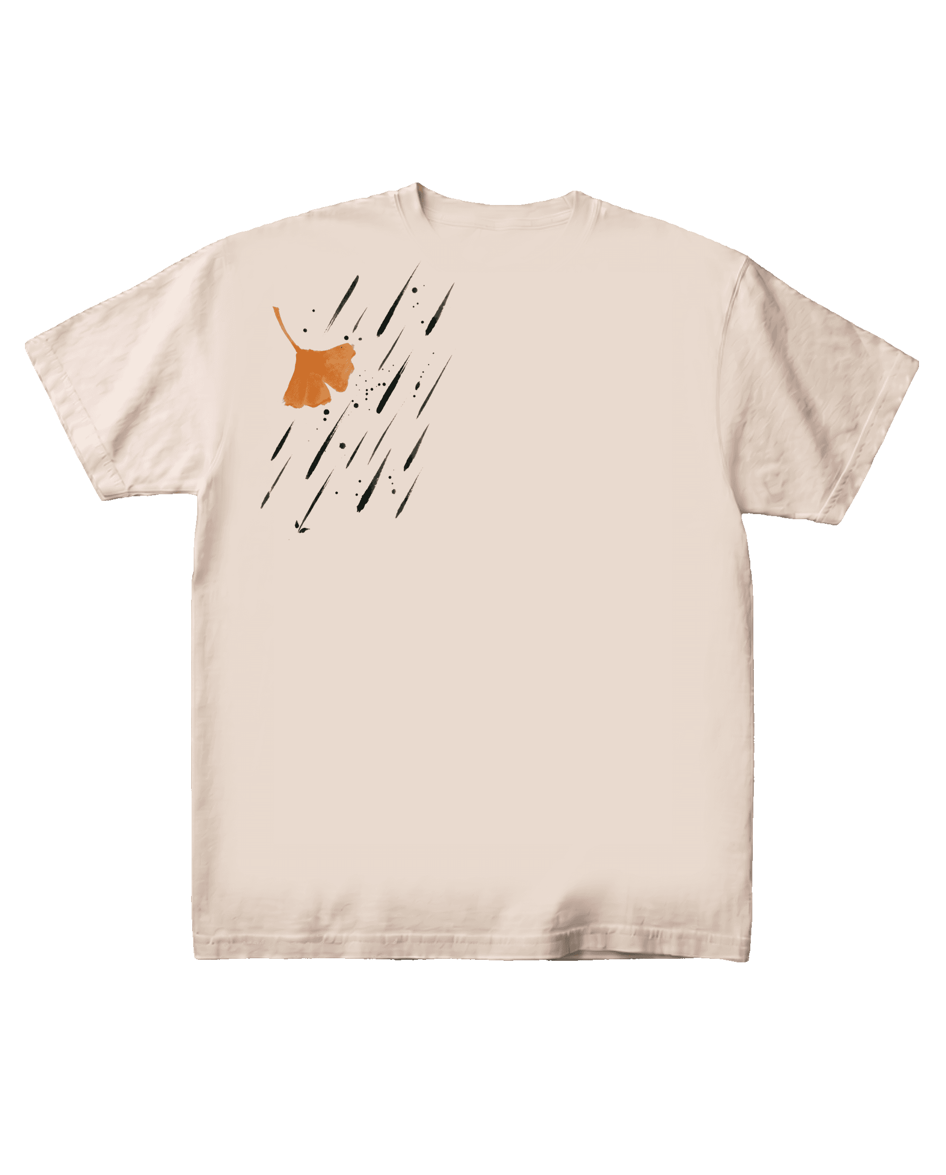 The Ginkgo, Rain tee on a pure black background, flat-front catalog presentation. A small warm-orange ginkgo leaf with diagonal sumi-e rain hatching anchored at the upper-left chest as an A3 motif.