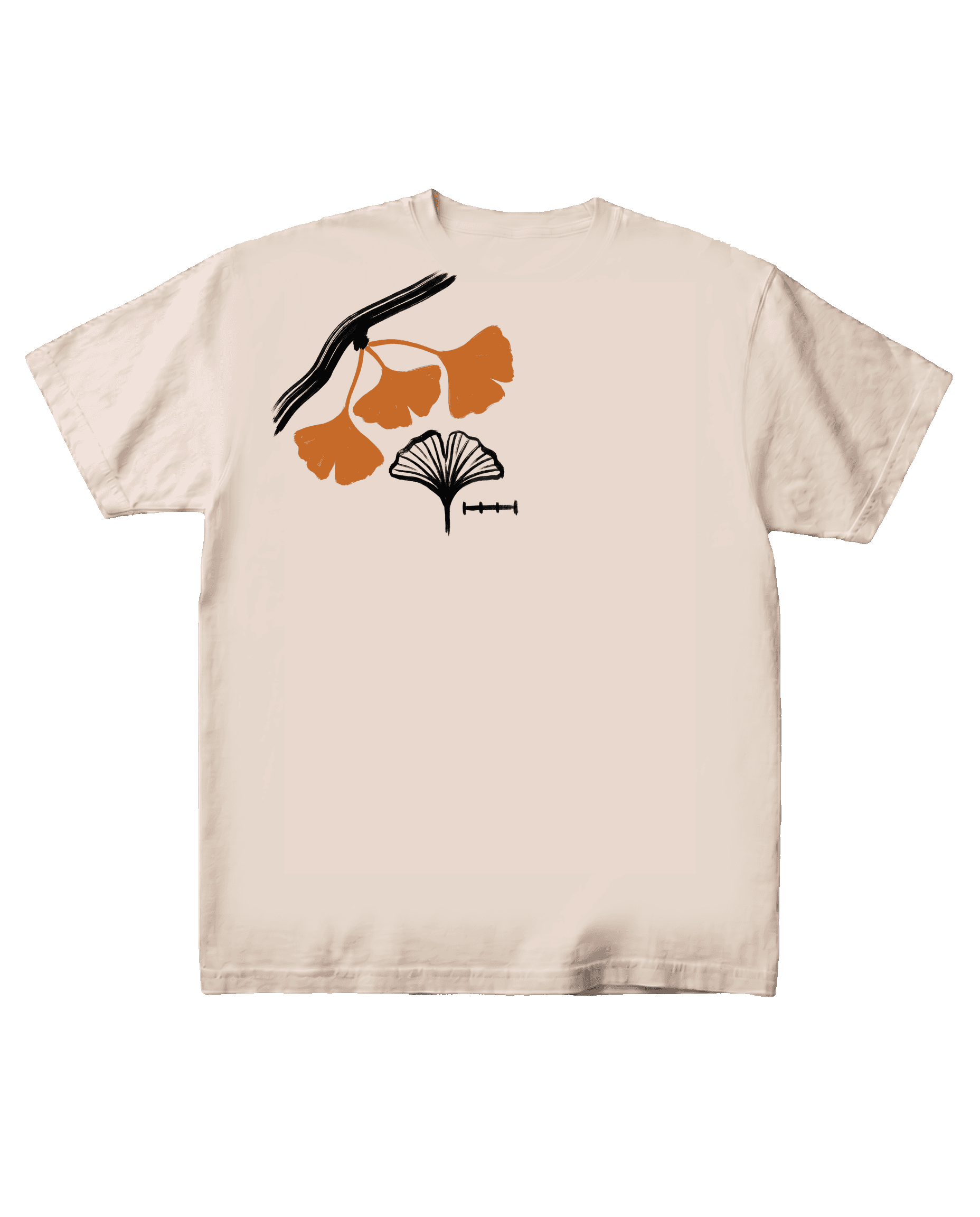 The Ginkgo Study tee on a pure black background, flat-front catalog presentation. A naturalist's field study of ginkgo printed at the upper-right chest as an oversized A3 motif: branch with warm-orange leaves, cross-section detail, and scale-bar.