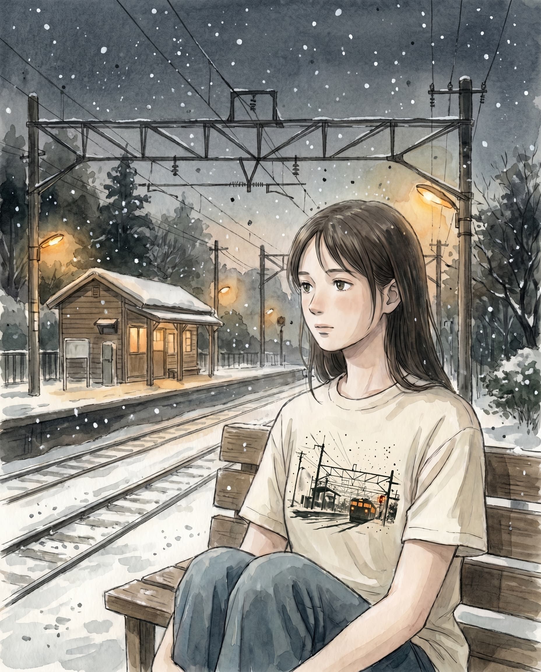 Painted anime portrait of a young person sitting on a wooden bench at the empty rural station platform at night, snow falling, wearing the Iwafune Station tee.