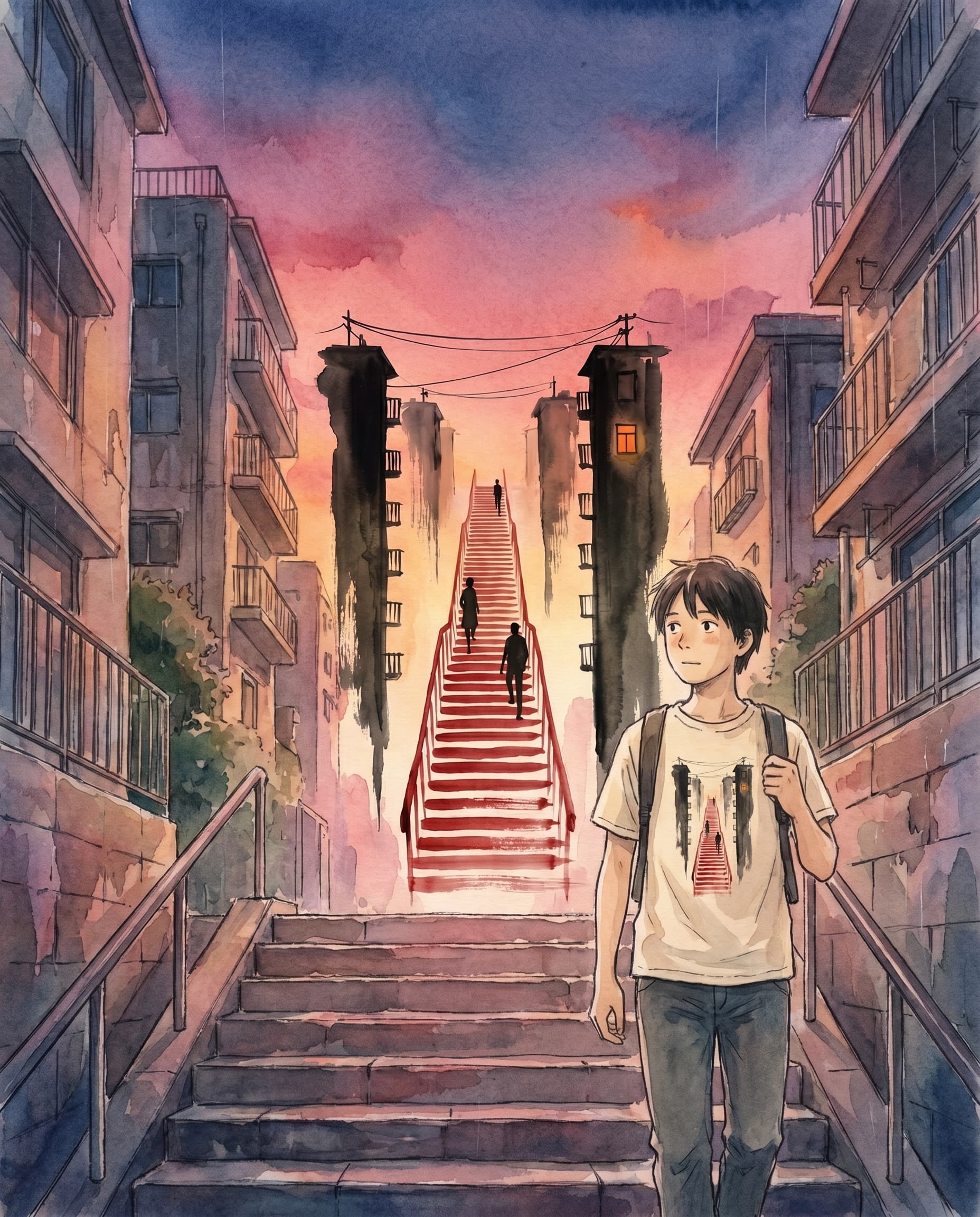 Painted anime portrait of a young person walking up the kataware-doki staircase between Tokyo apartment blocks at dusk, wearing the Kataware-doki tee.