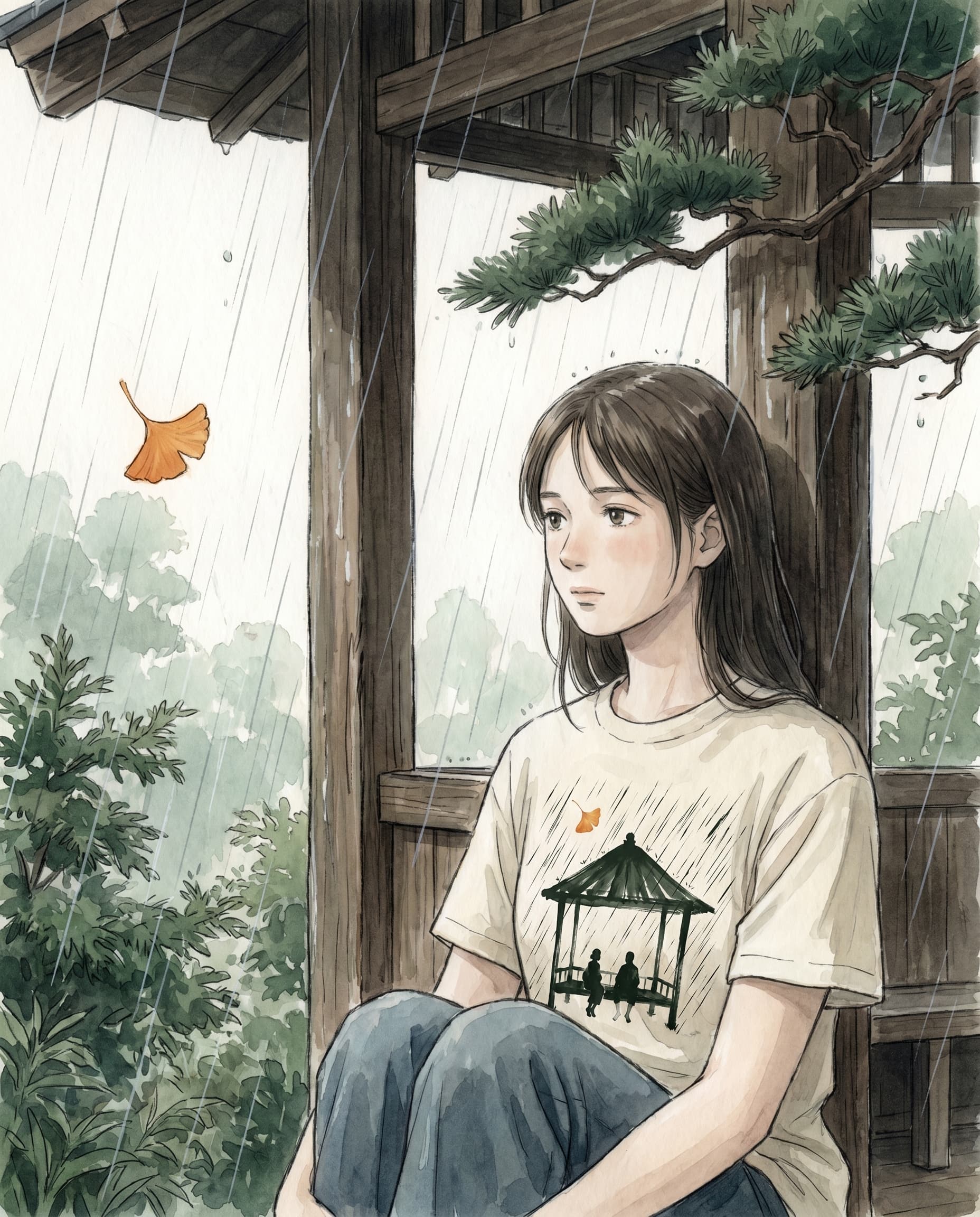 Painted anime portrait of a young person sitting inside the wooden gazebo during summer rain, wearing the Gazebo tee, knees pulled up, a single ginkgo leaf drifting beside her.