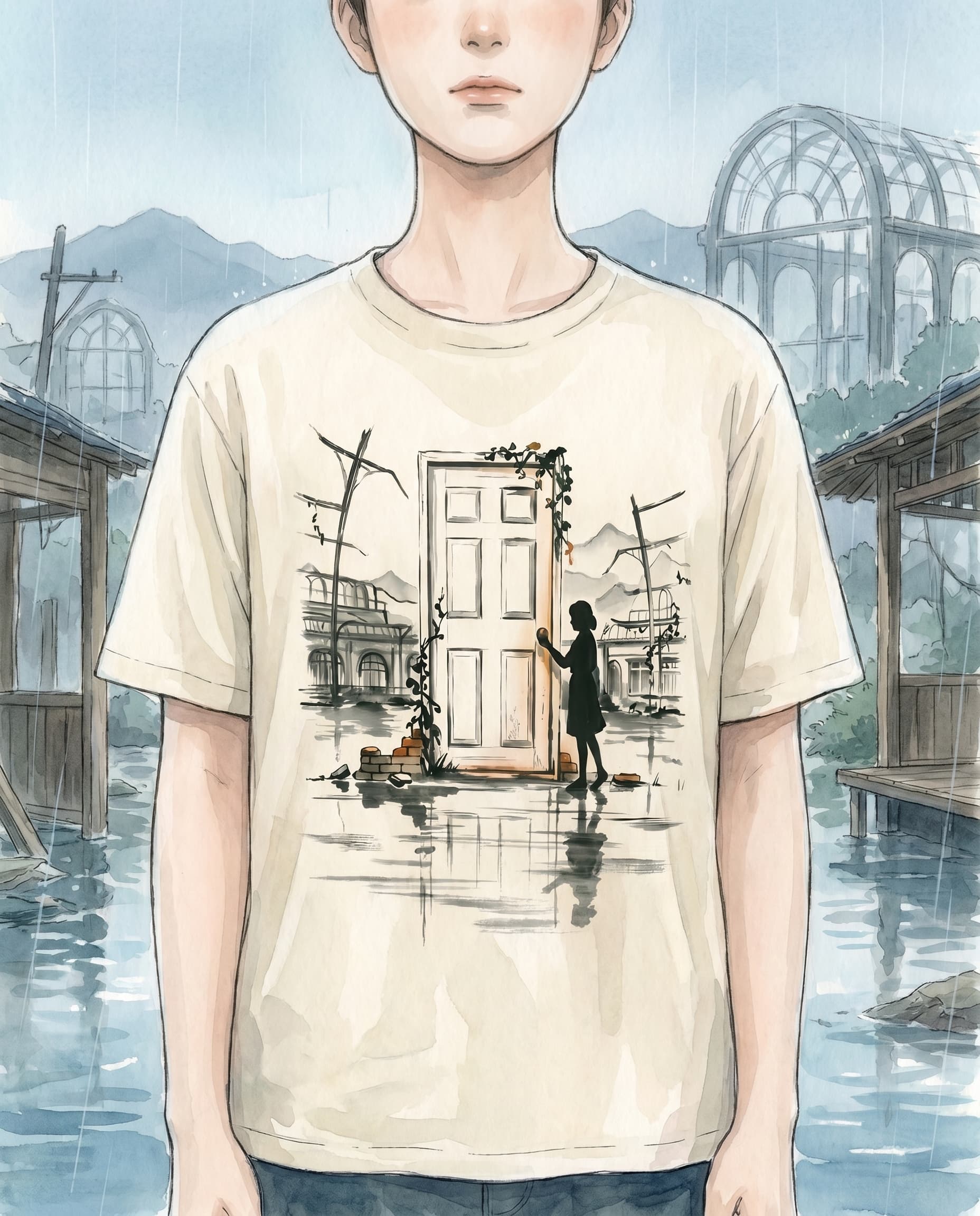 Painted anime portrait of a young person standing in a flooded onsen-town ruin beside the freestanding door, wearing the Suzume's Door tee.