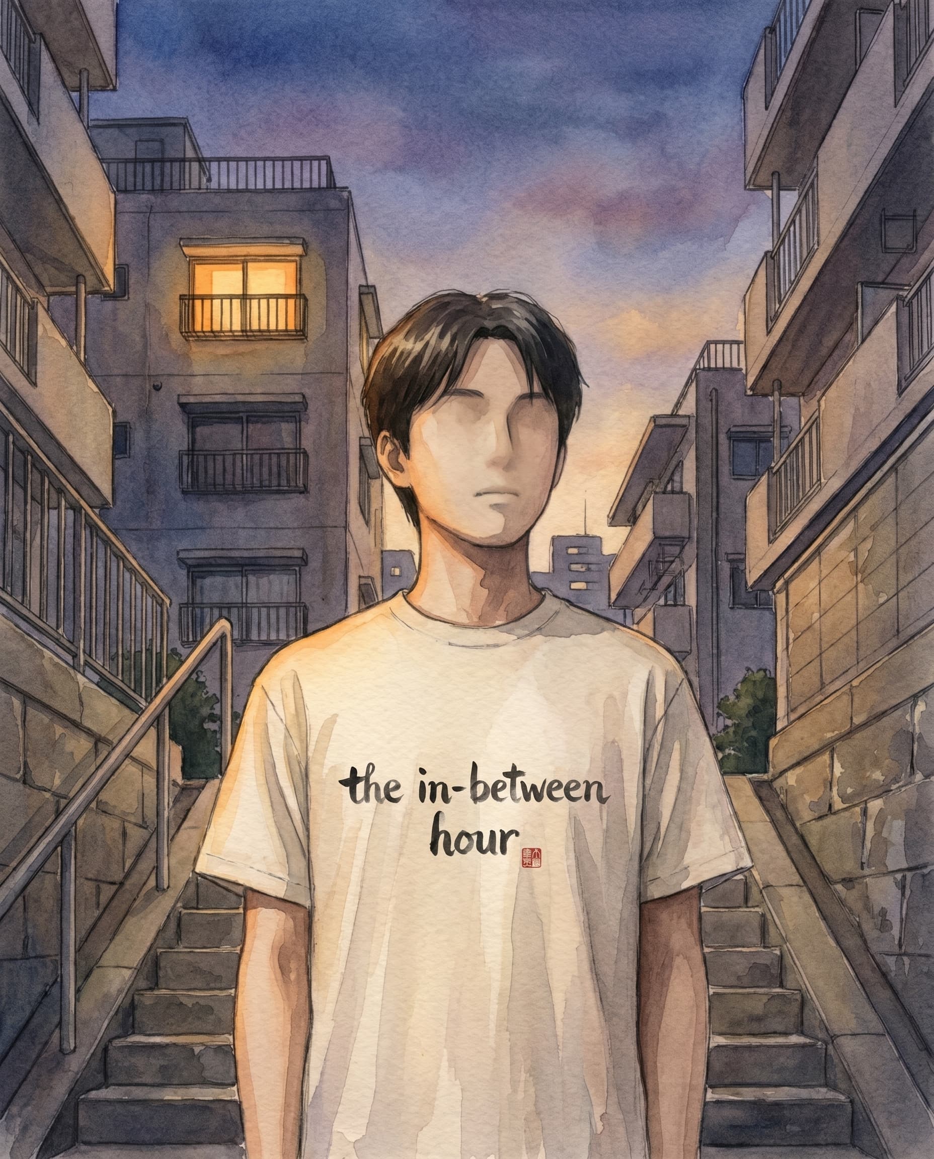 Painted anime portrait of an anonymous young person standing on the Suga Shrine staircase at kataware-doki dusk, wearing the 'the in-between hour' typographic tee. Sodium-amber light from a single lit window above.