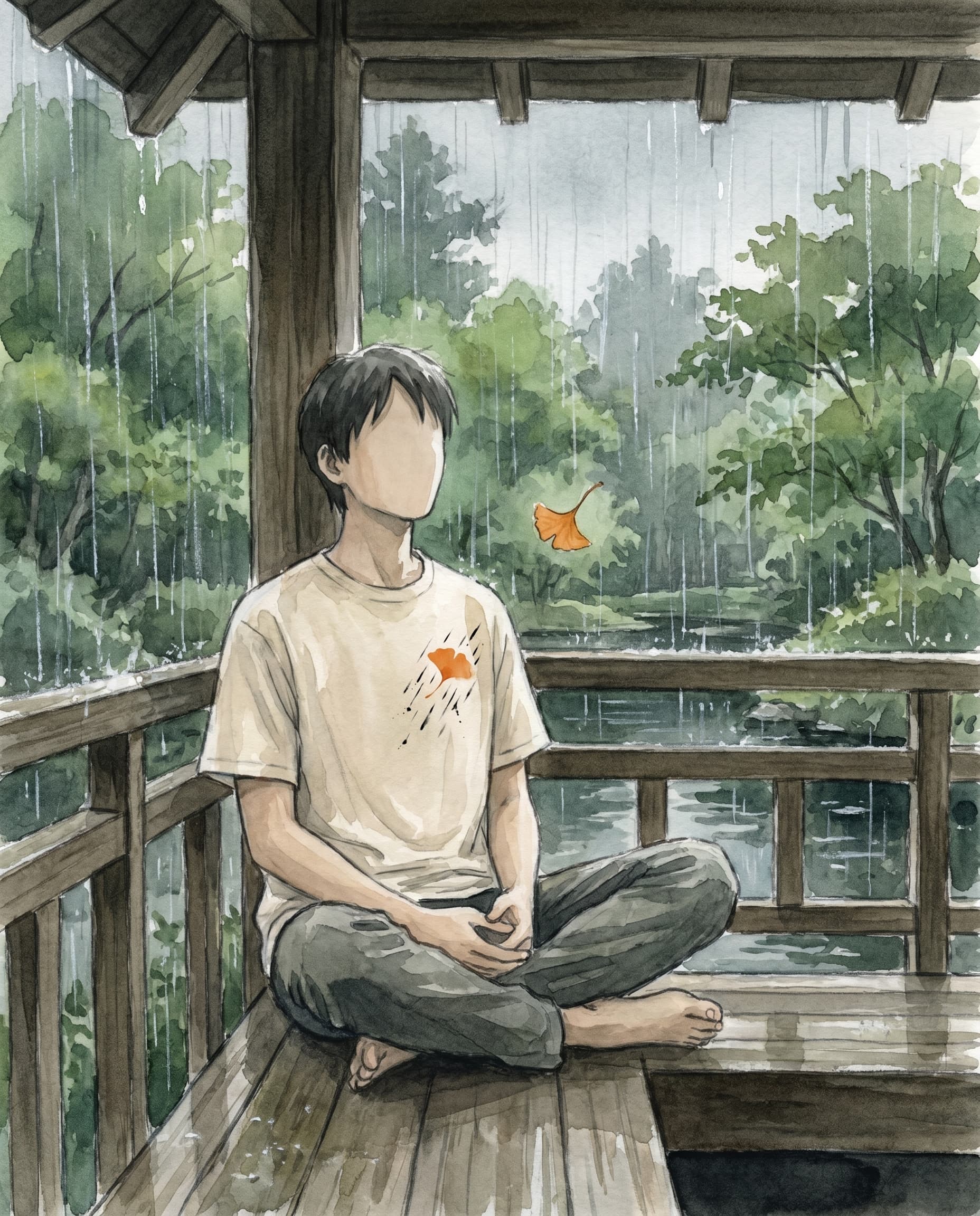 Painted anime portrait of an anonymous young person sitting cross-legged inside a wooden gazebo during heavy summer rain, a warm-orange ginkgo leaf drifting beside them, wearing the Ginkgo, Rain tee.