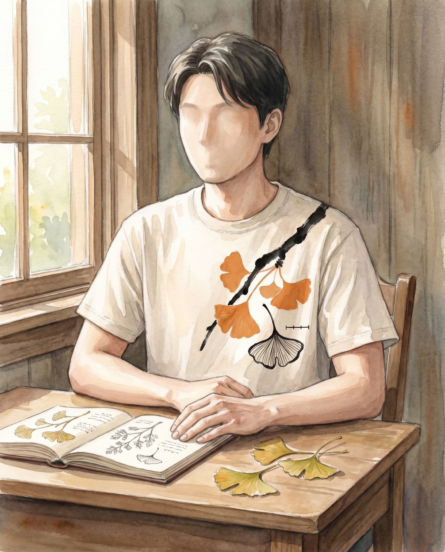 Painted Mushishi-watercolor portrait of an anonymous young person sitting at a quiet study desk by a window, with a naturalist notebook and pressed ginkgo leaves on the desk, wearing the Ginkgo Study tee.