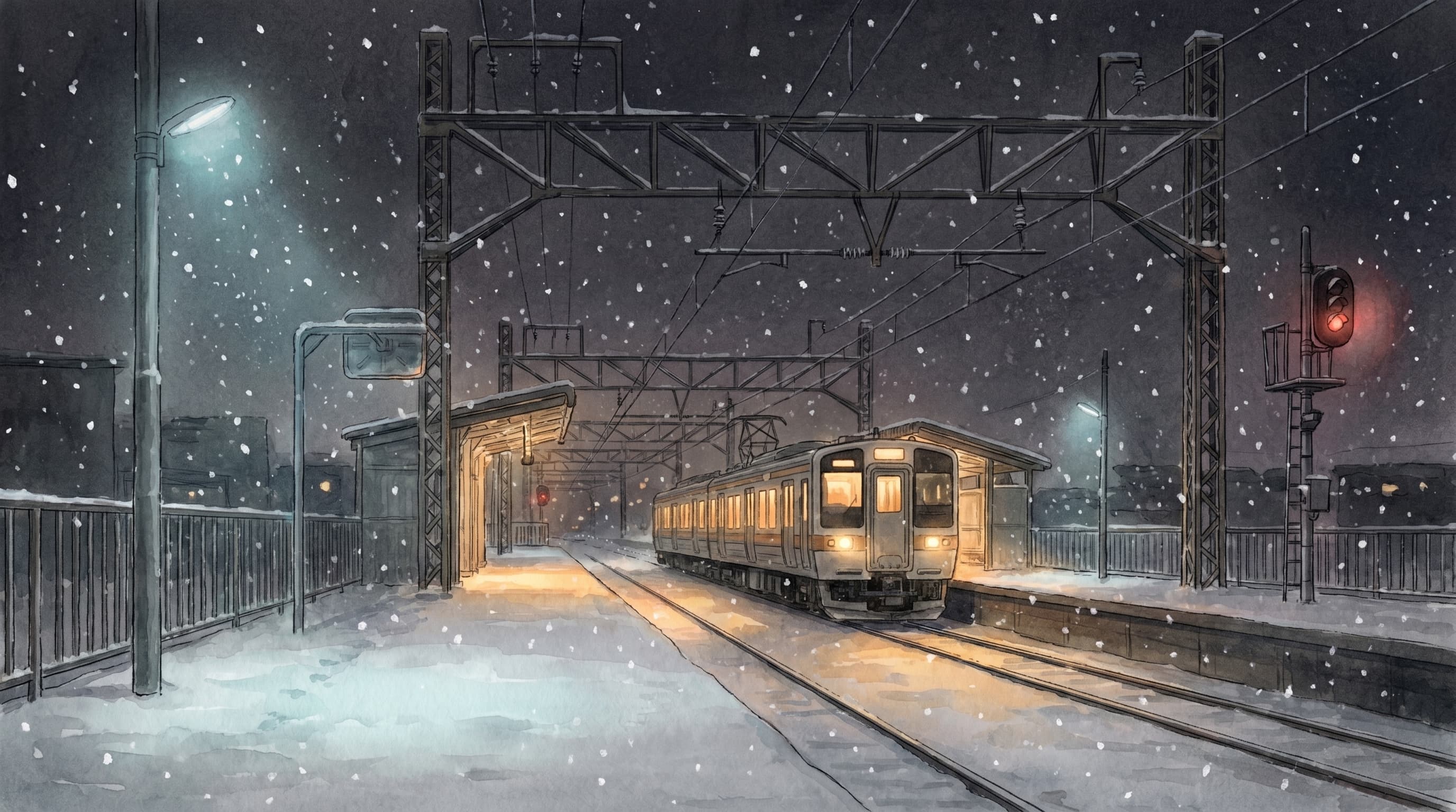 Iwafune-mae rural Japanese train station at night in heavy snowfall. Empty platform. A small commuter train approaching with warm sodium-amber lit windows spilling light onto the snow. Tall electrical pylon gantries above. A red signal lamp glows on the right. A streetlamp on the left casts a soft cool glow on snow-covered ground. Painted Mushishi-watercolor register, 16:9 cinematic letterbox.