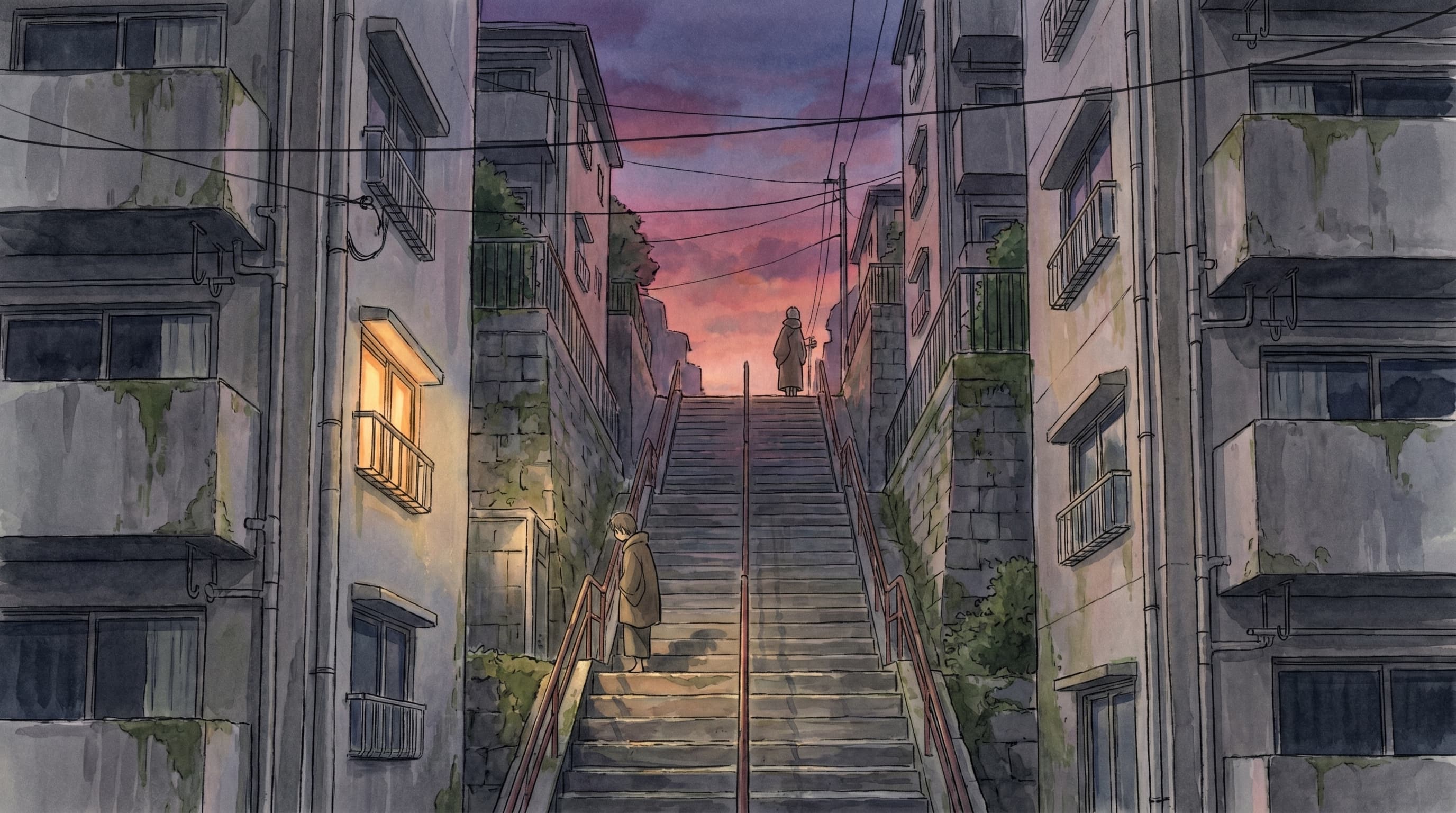 The Suga Shrine staircase at kataware-doki — the dusk light between day and night. A red-painted staircase climbs between two apartment blocks. Two figures pass each other without recognition. Thin power lines cross high in the frame. A single warm sodium-amber lit window in one of the apartment buildings. Painted Mushishi-watercolor register, 16:9 cinematic letterbox.