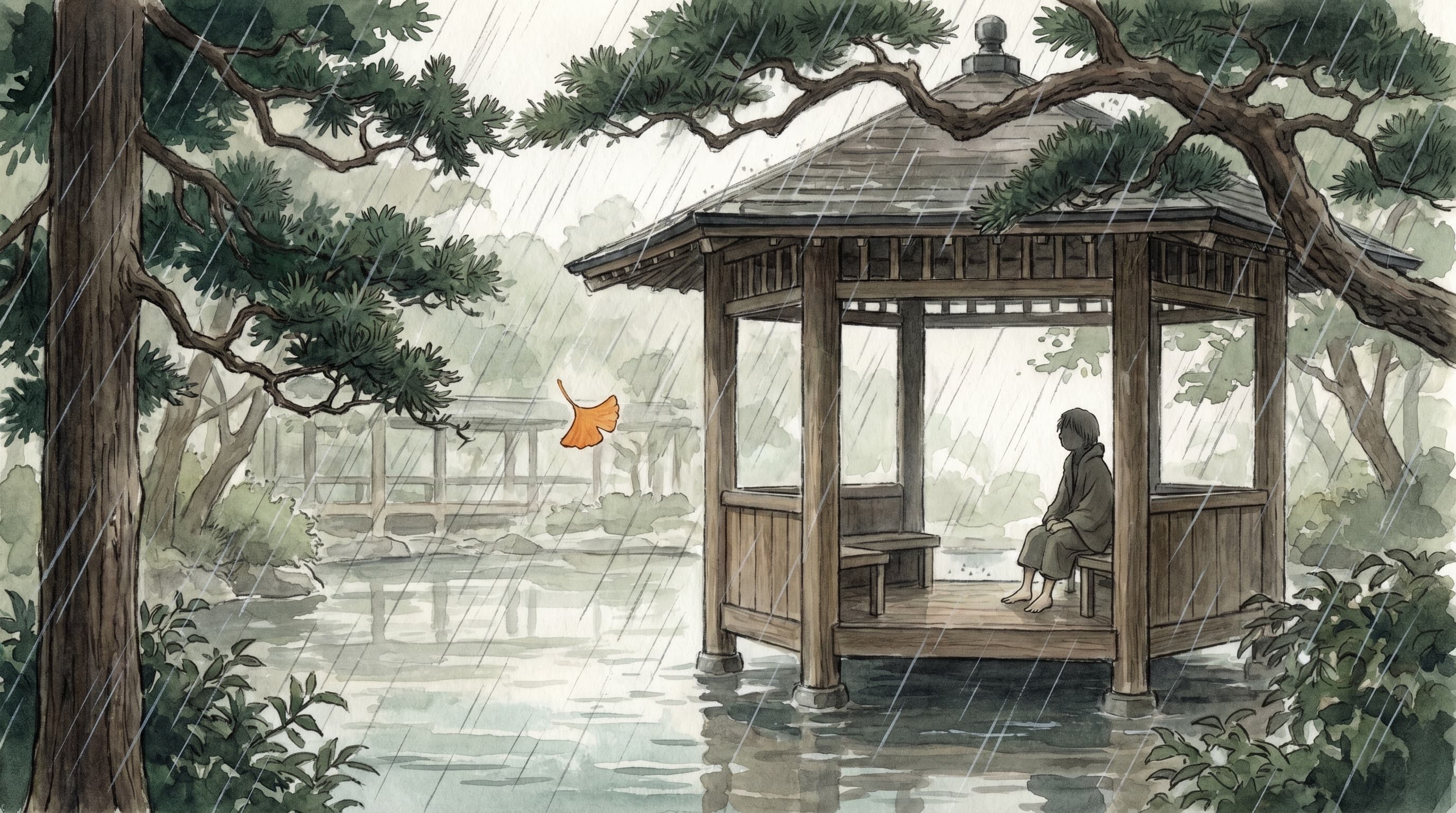 A wooden Japanese-park gazebo holding heavy summer rain over a pond. Lush cedar foliage frames the structure. A single small figure sits inside. A warm-orange ginkgo leaf falls through diagonal rain. Painted Mushishi-watercolor register, 16:9 cinematic letterbox.