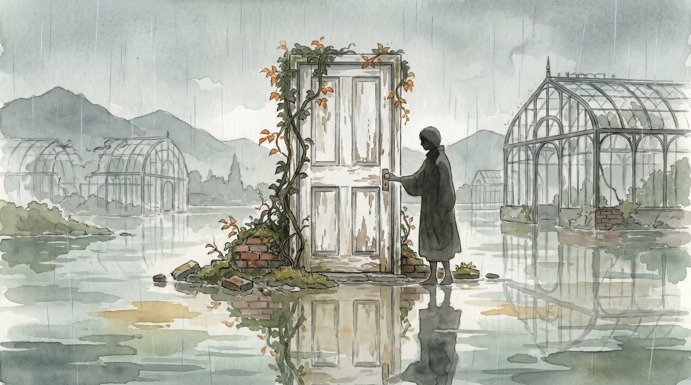 A freestanding white wooden double-door standing alone in the middle of a flooded onsen-town ruin. Vines grow up and around the door frame. A small brick rubble base. The door is mirrored in the still flooded-water plane below. Faint glass-arched ruined greenhouse structures behind. A single anonymous figure beside the door in profile. Painted Mushishi-watercolor register, 16:9 cinematic letterbox.