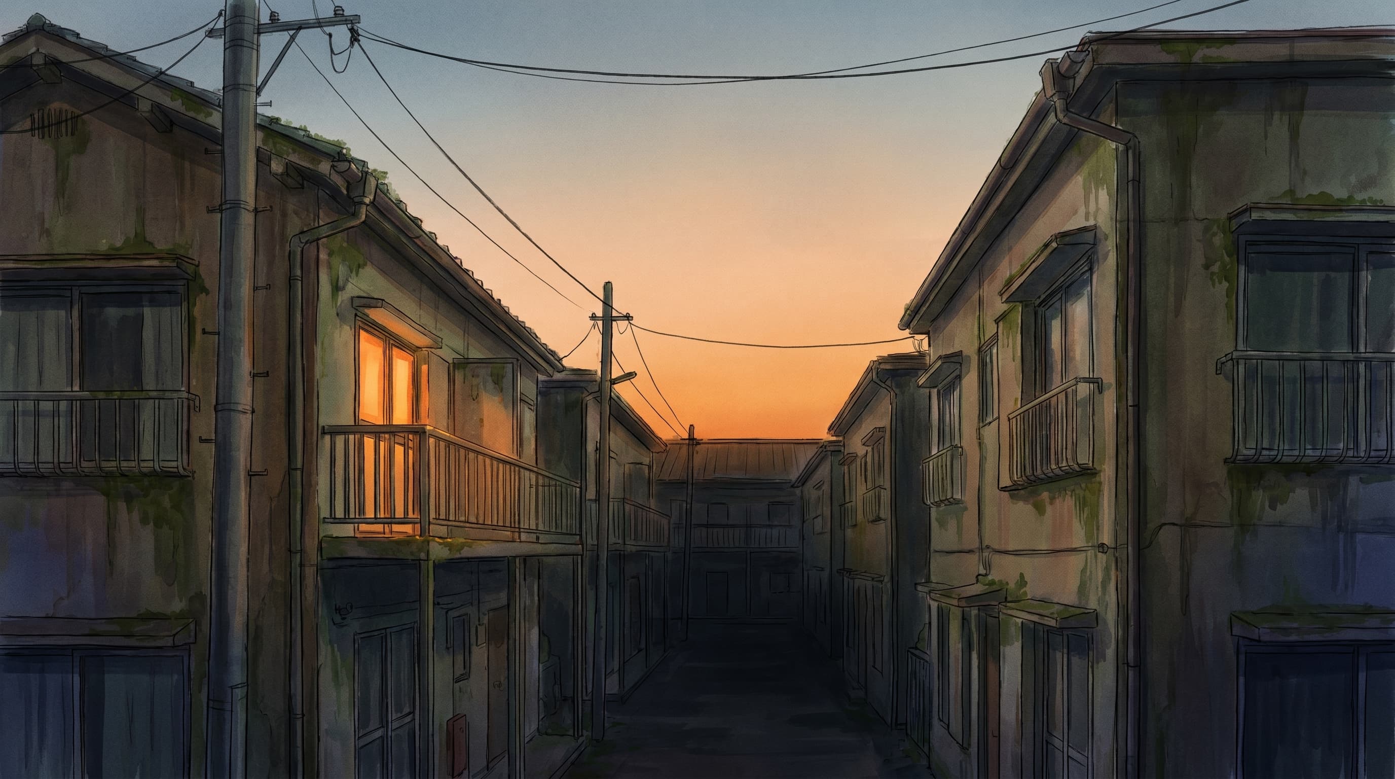 A quiet Tokyo apartment-block alley at the kataware-doki dusk transition. The sky holds a slow gradient from cool slate-blue through warm peach to deep sodium-amber near the rooftops. Two narrow apartment buildings frame a long shadowed alley; a single warm-amber lit window glows. Painted Mushishi-watercolor register, 16:9 cinematic letterbox.