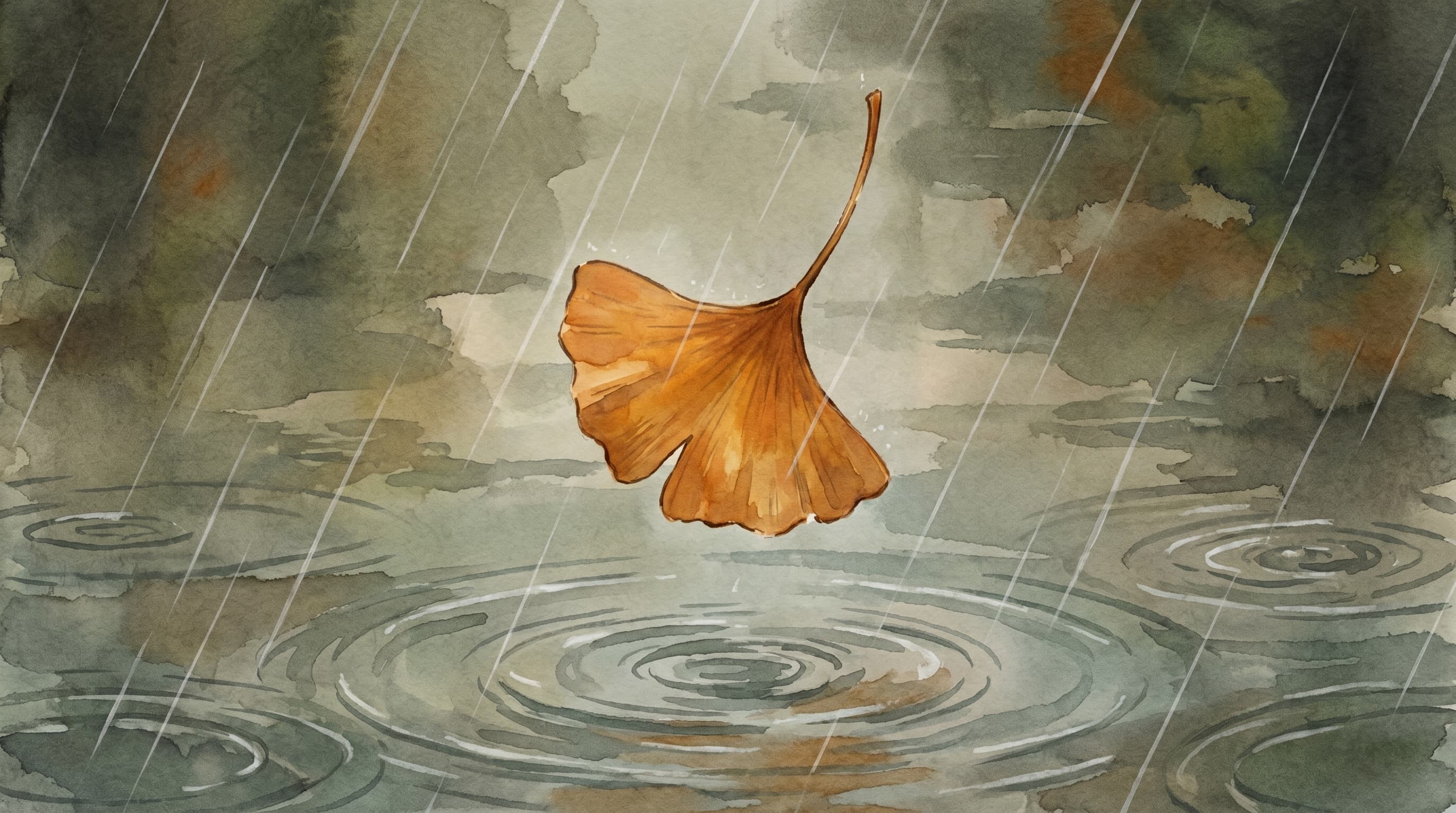 An extreme close-up of a single warm-orange ginkgo leaf turning slowly through diagonal summer rain over a still pond surface. The leaf is mid-fall, fan-shaped, the only chromatic accent in the painted scene. Concentric rain ripples mark the pond. Painted Mushishi-watercolor register, 16:9 cinematic letterbox.