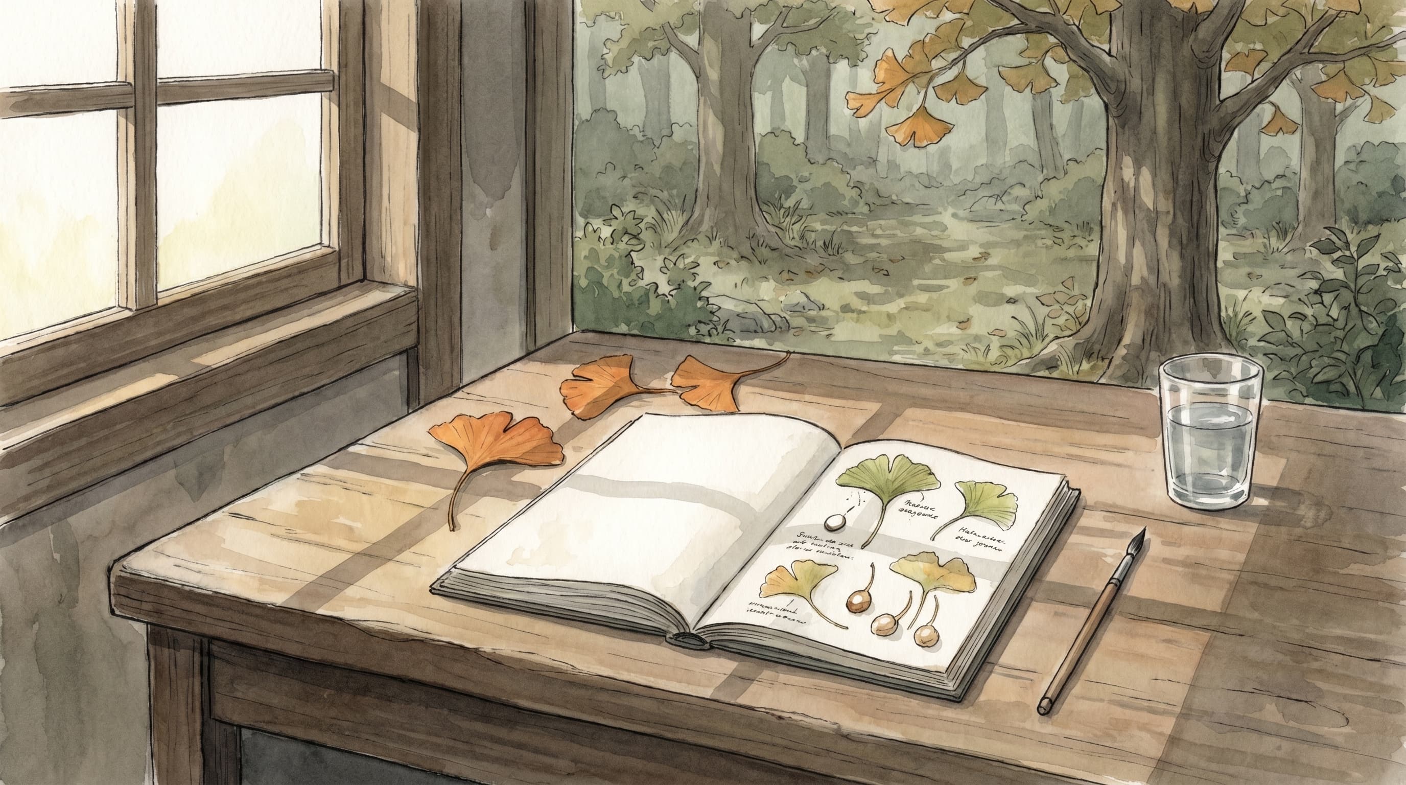 A wooden study desk by a window, late afternoon light. An open naturalist field journal with hand-drawn ginkgo botanical sketches; pressed warm-orange ginkgo leaves laid beside it; a single small ink brush. Painted Mushishi-watercolor register, 16:9 cinematic letterbox.