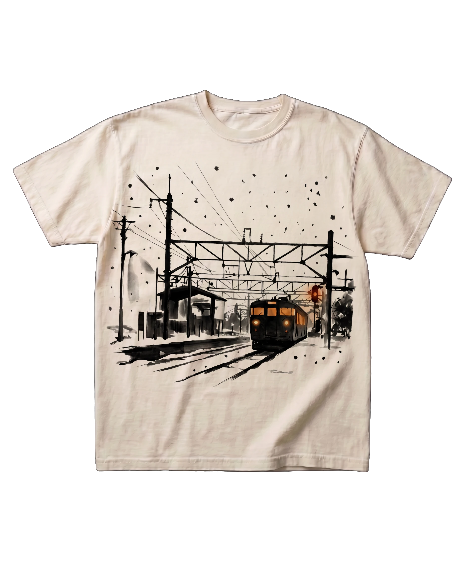The Iwafune Station tee in Bone, laid flat: a sumi-e ink print of a small station in falling snow, overhead wires, and a train with lit windows.