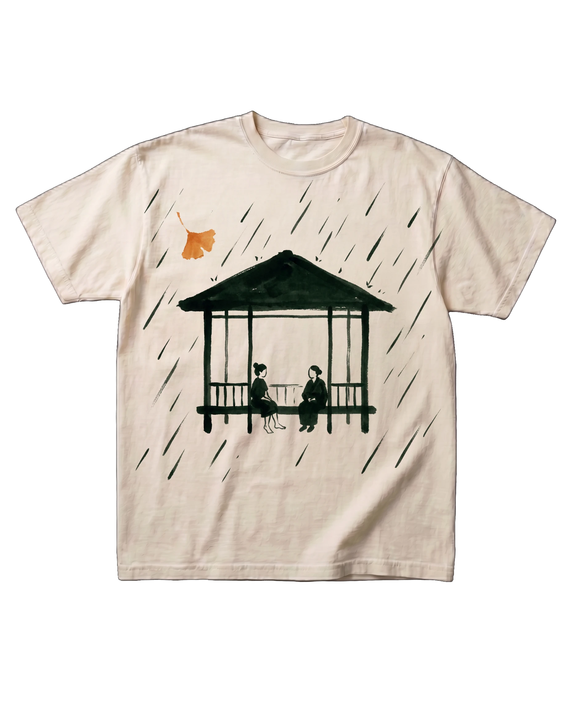 The Gazebo tee in Bone, laid flat: a sumi-e ink print of a garden pavilion in rain, two small seated figures, and one orange ginkgo leaf.