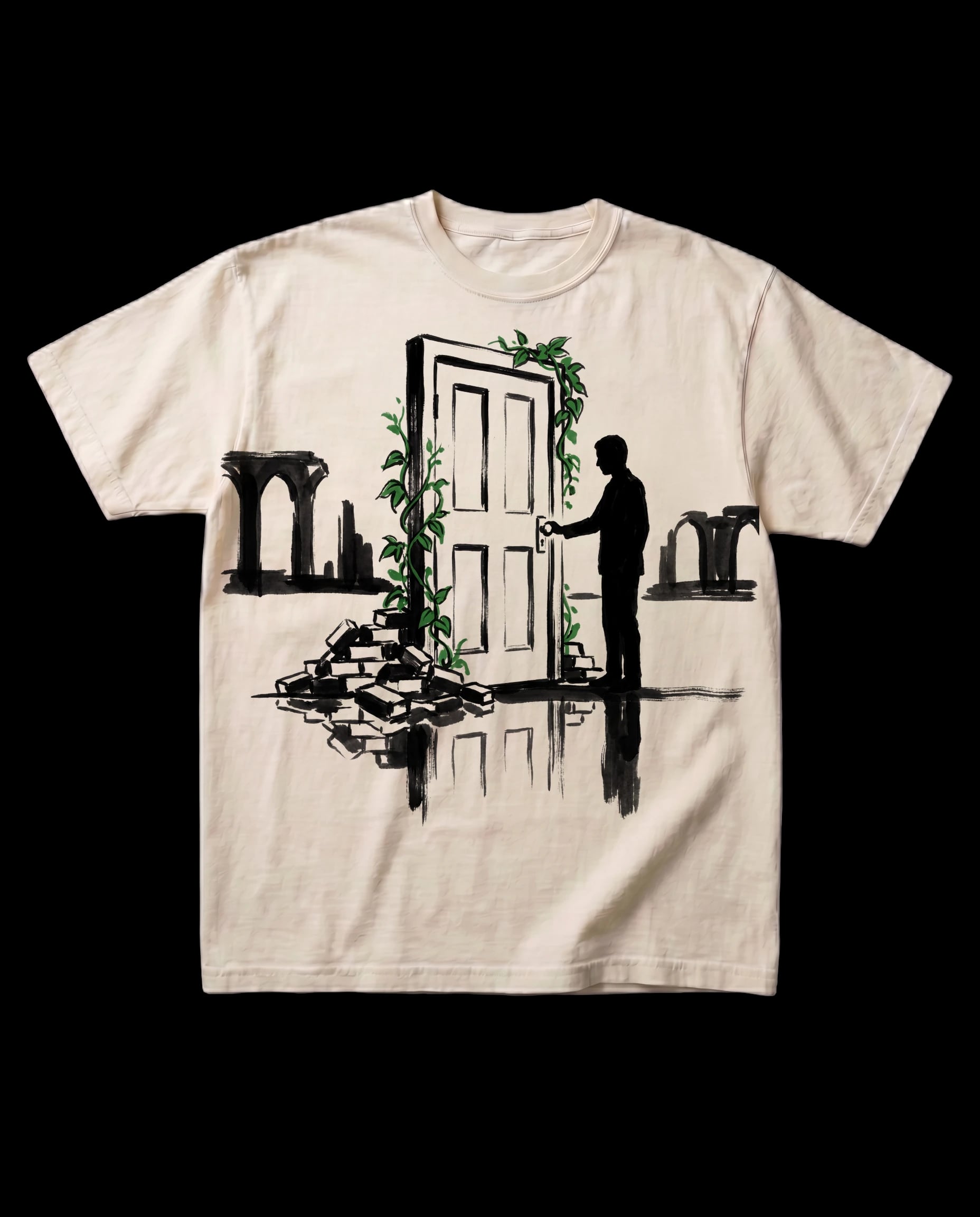 The Suzume's Door tee in Bone, laid flat: a sumi-e ink print of a door standing alone among ruins, green vines on the frame, and a figure with a hand on the handle.