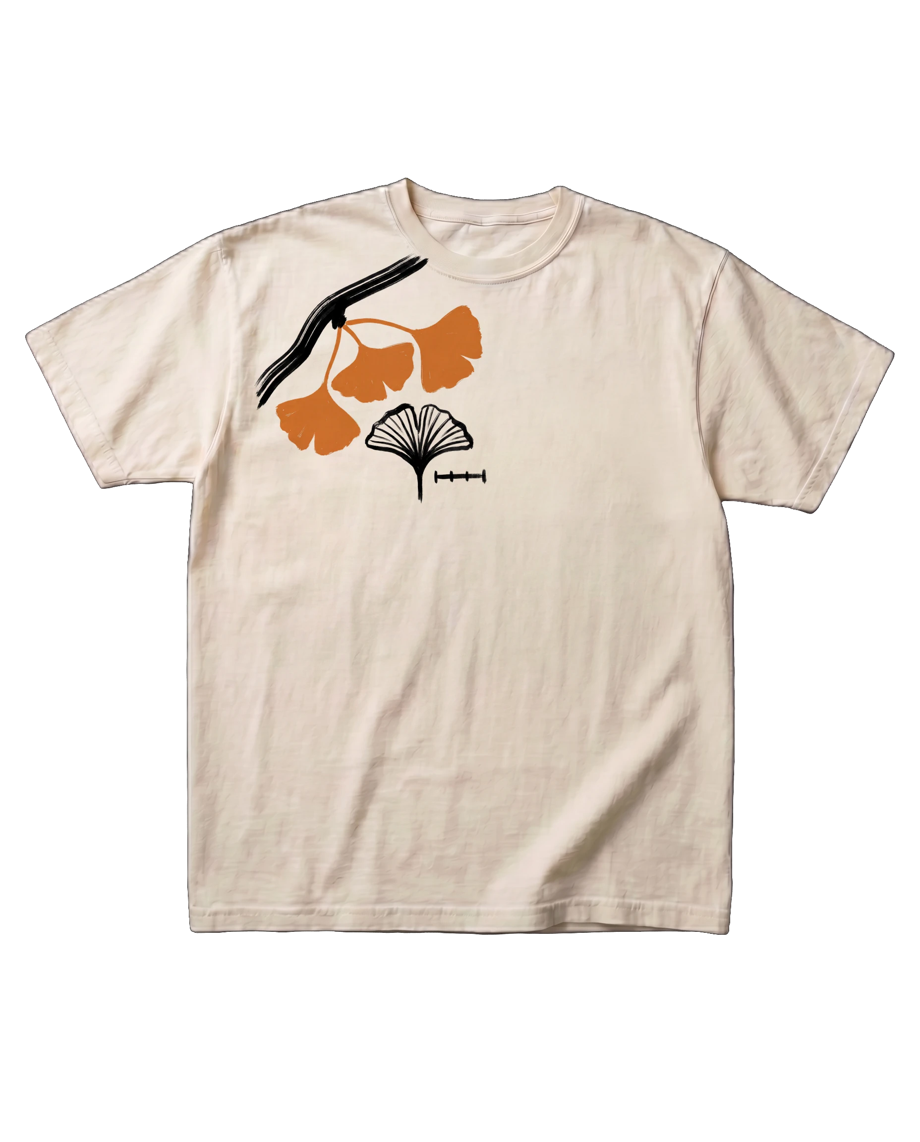 The Ginkgo Study tee in Bone, laid flat, with a print on the right chest: an ink ginkgo branch with three orange leaves, a line-drawn leaf study, and a small scale bar.