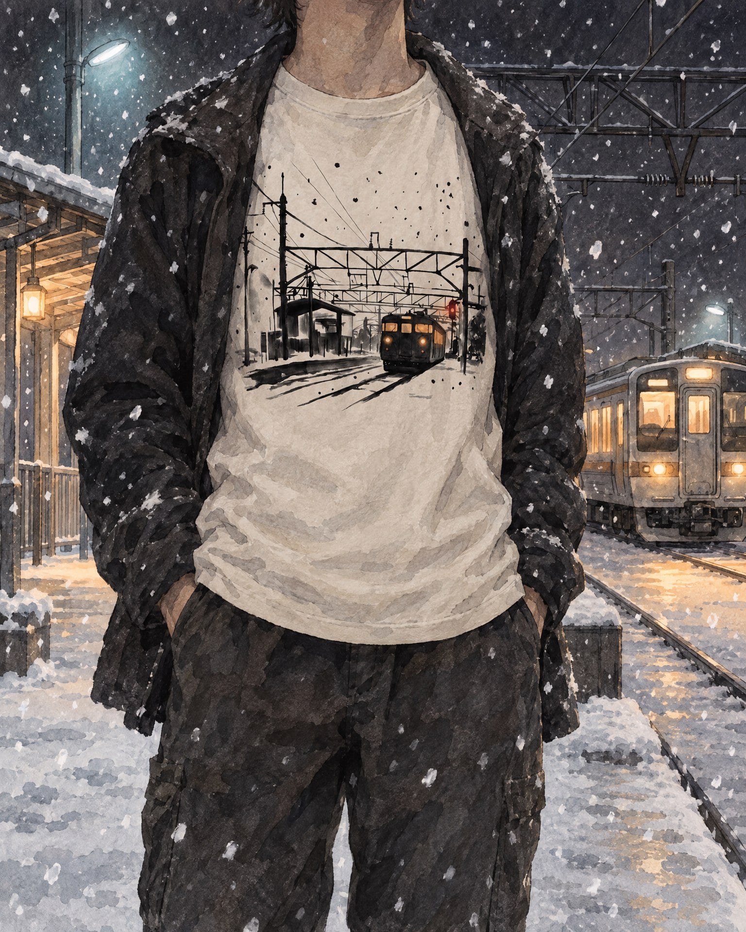 Watercolor painting of an anonymous figure wearing the Iwafune Station tee in Bone, on a snowbound station platform at night, a lit train waiting.