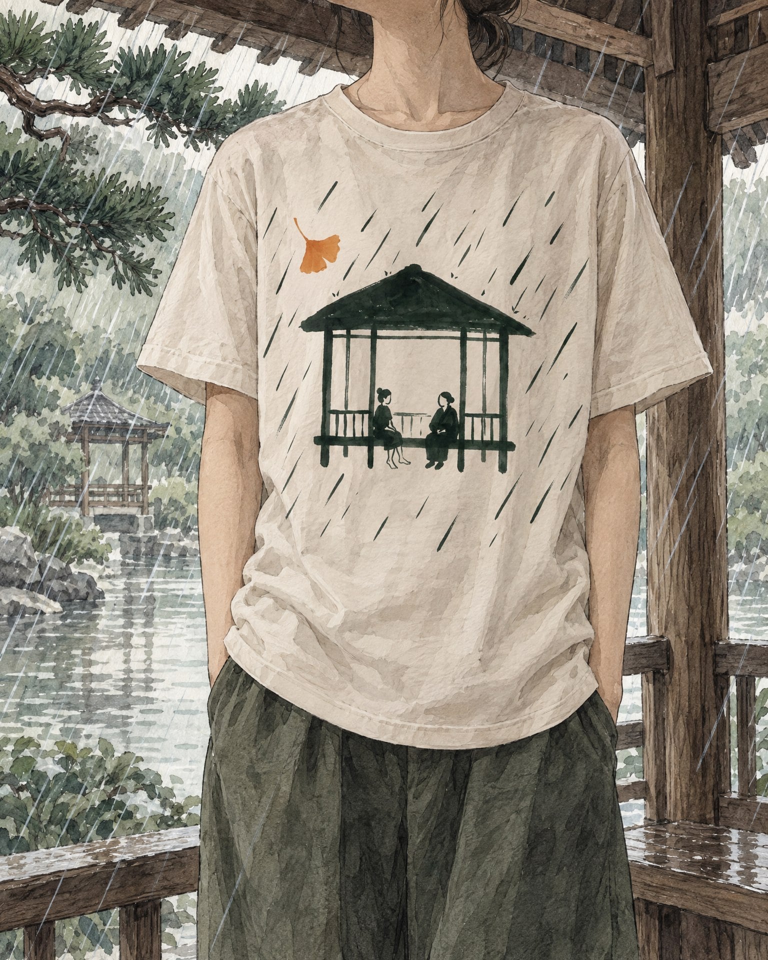 Watercolor painting of an anonymous figure wearing The Gazebo tee in Bone, in a wooden park pavilion over a pond in summer rain.