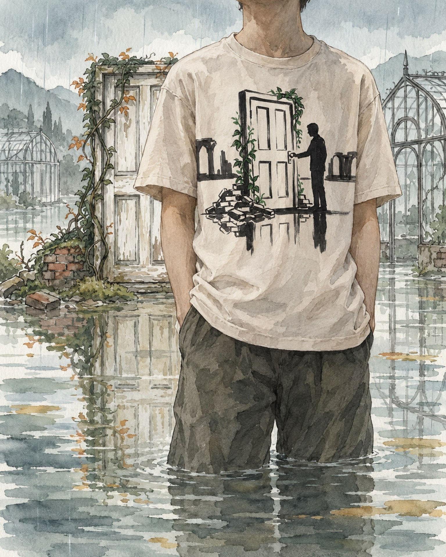 Watercolor painting of an anonymous figure wearing the Suzume's Door tee in Bone, in shallow floodwater beside a lone standing door and old greenhouse frames.