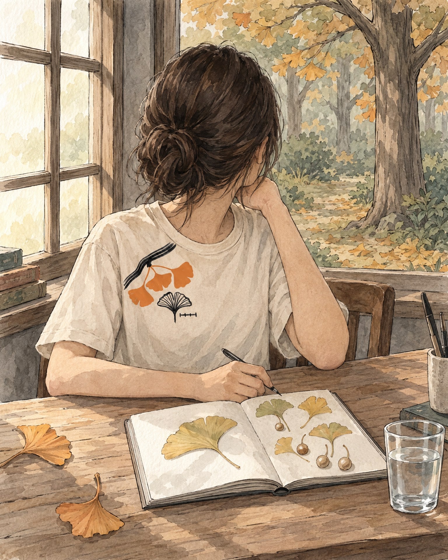 Watercolor painting of an anonymous figure wearing the Ginkgo Study tee in Bone, in a wooden study by a window, a notebook of pressed ginkgo leaves on the desk.