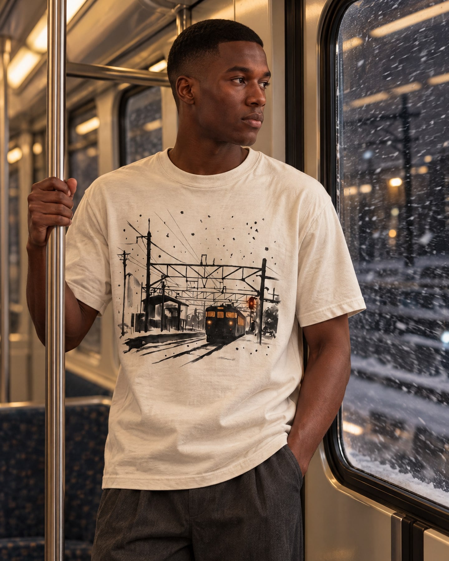 Photoreal image of a Black man wearing the Iwafune Station tee in Bone inside a late-night commuter train with snow outside the window.