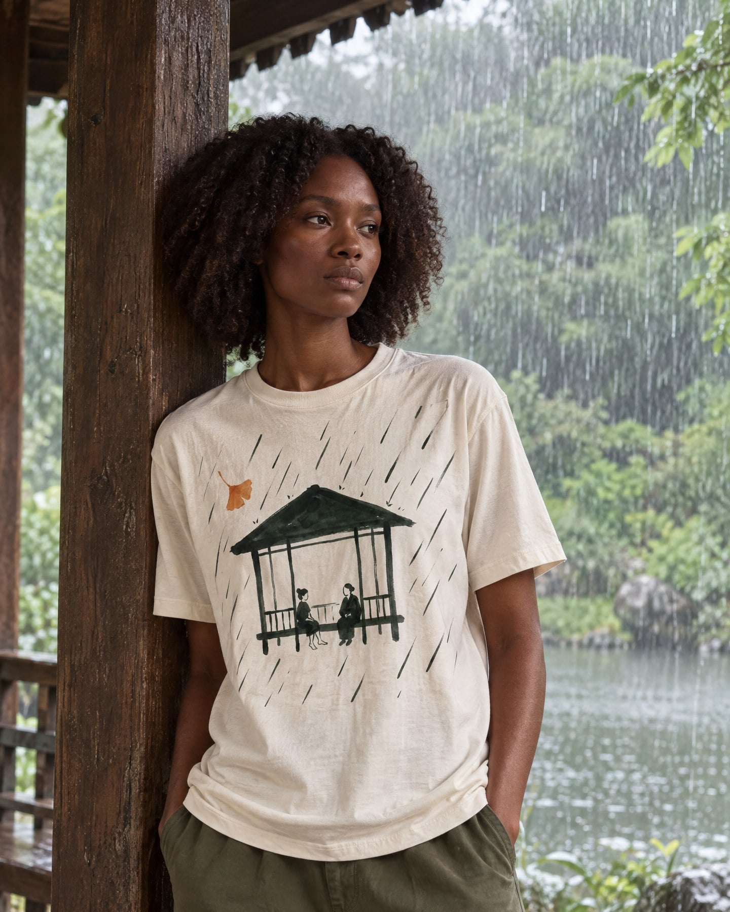 Photoreal image of a Black woman wearing The Gazebo tee in Bone under the eaves of a wooden park pavilion in heavy summer rain.