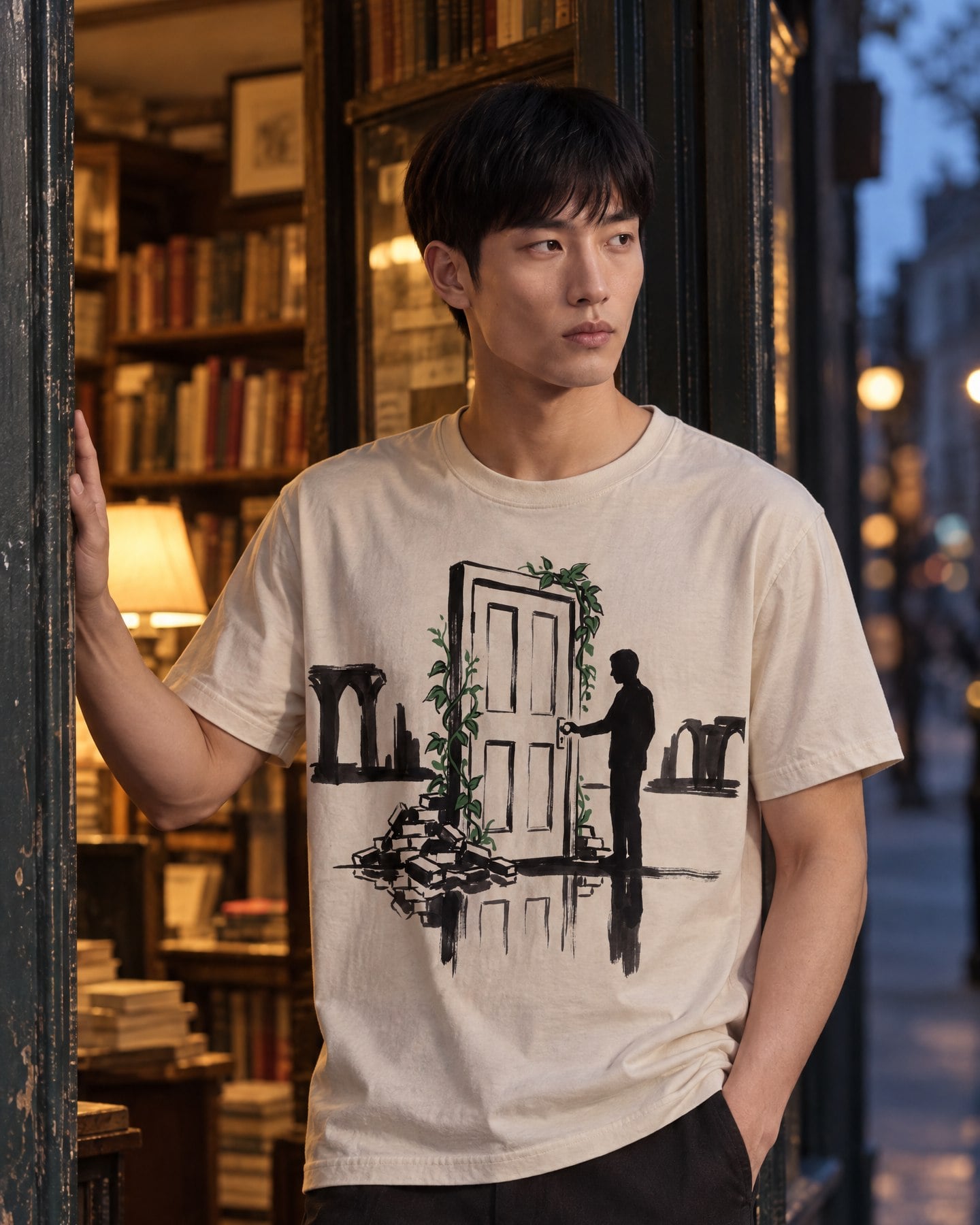 Photoreal image of an East Asian man wearing the Suzume's Door tee in Bone in the doorway of a small old bookshop at dusk.