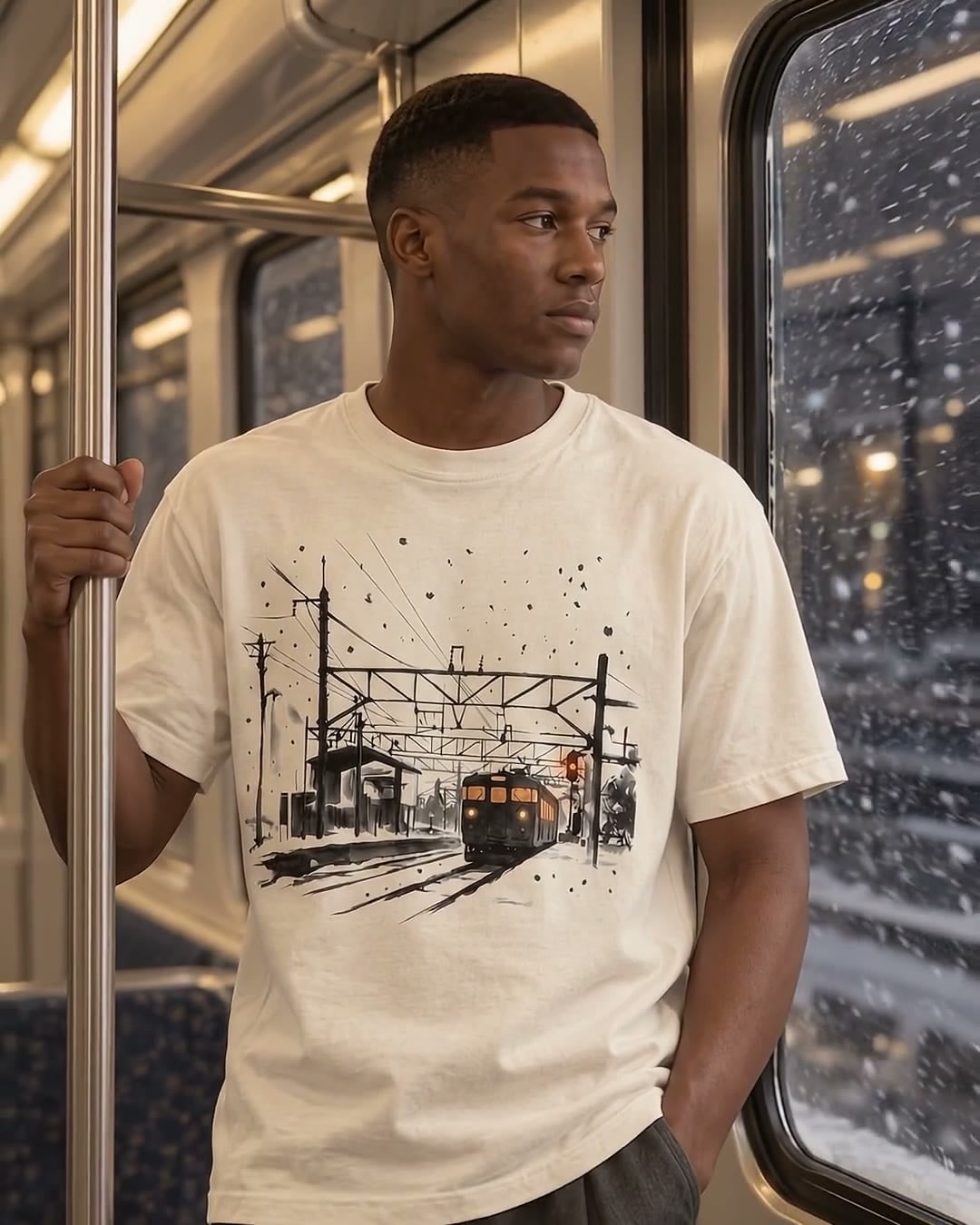 The Iwafune Station tee in Bone, laid flat: a sumi-e ink print of a small station in falling snow, overhead wires, and a train with lit windows.