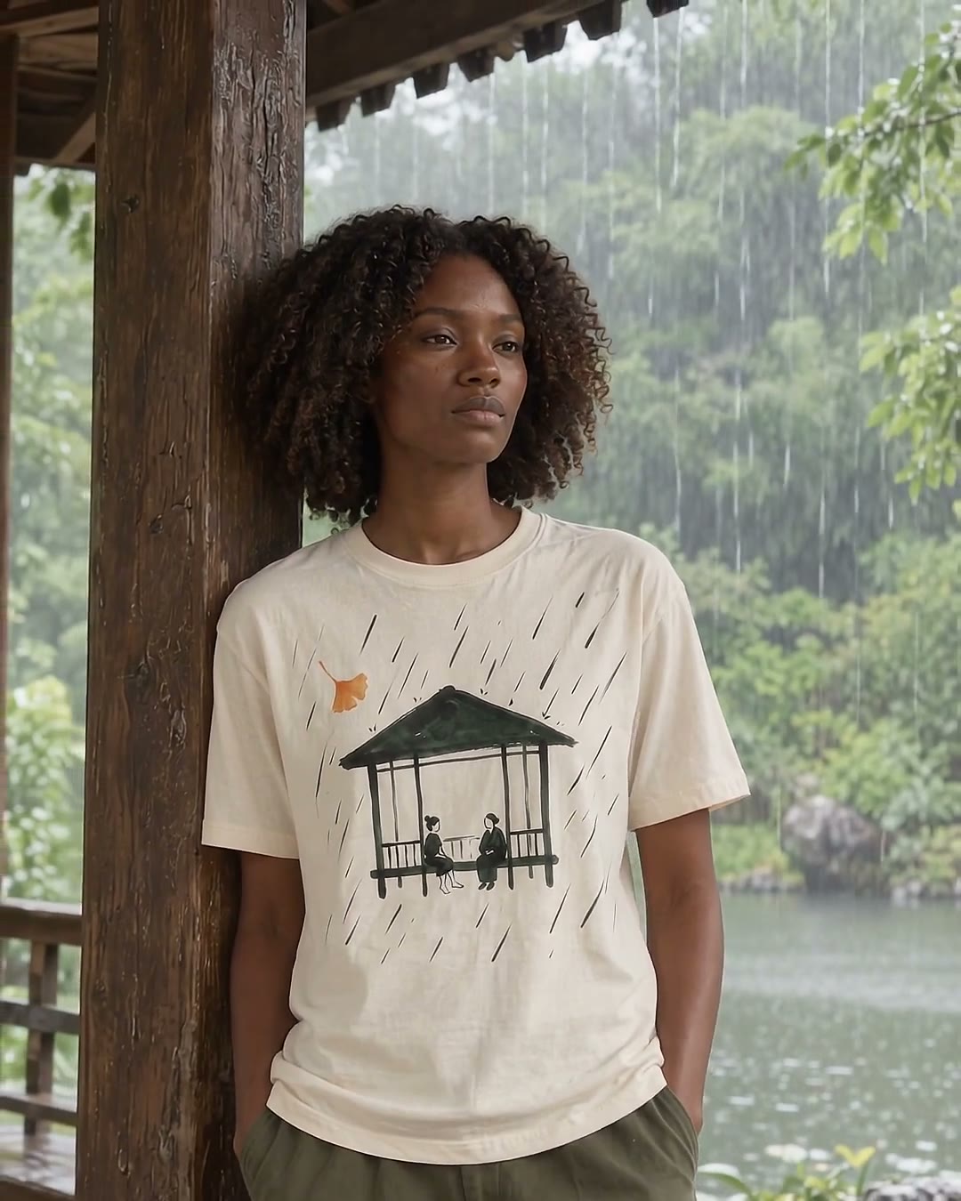 The Gazebo tee in Bone, laid flat: a sumi-e ink print of a garden pavilion in rain, two small seated figures, and one orange ginkgo leaf.