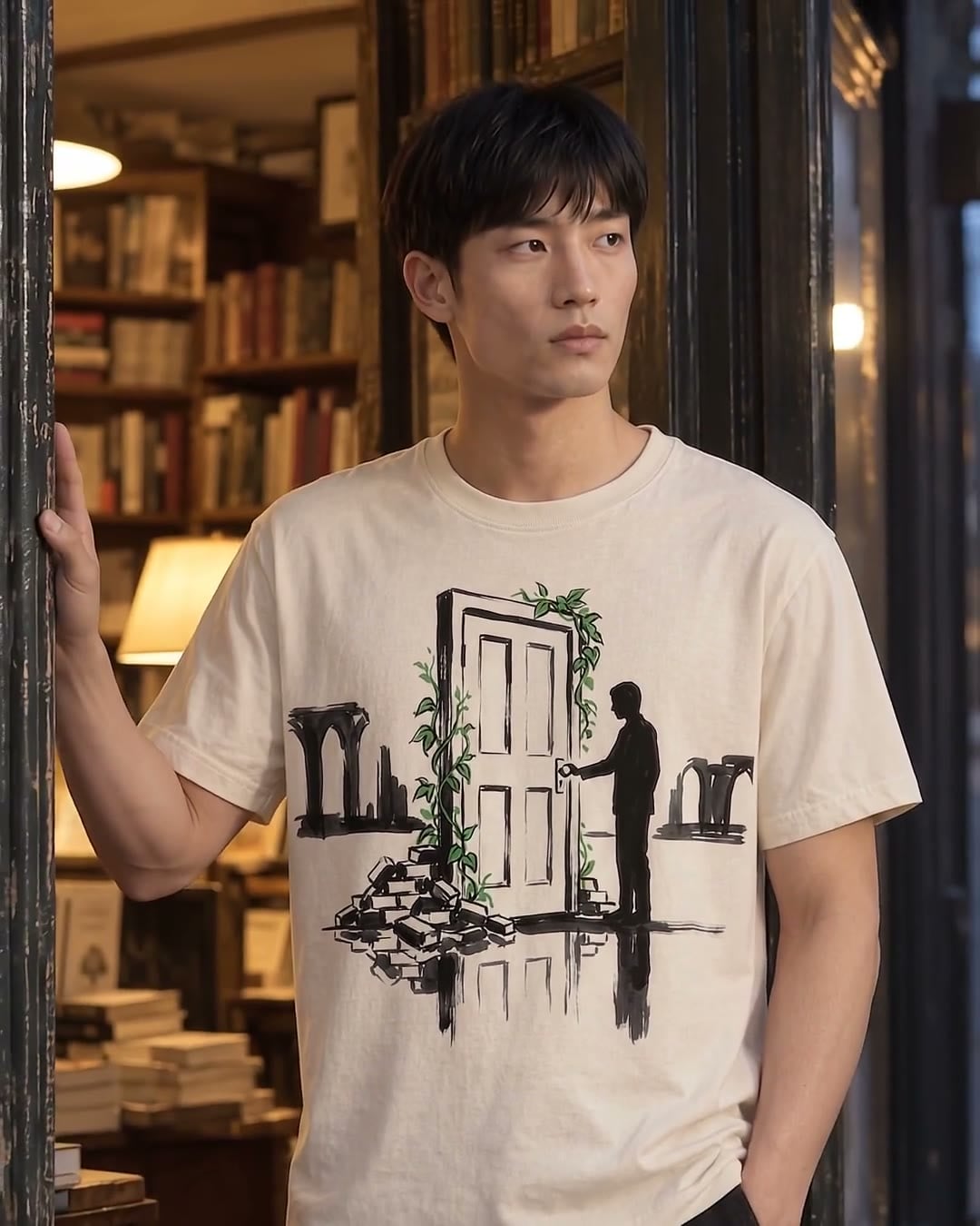 The Suzume's Door tee in Bone, laid flat: a sumi-e ink print of a door standing alone among ruins, green vines on the frame, and a figure with a hand on the handle.
