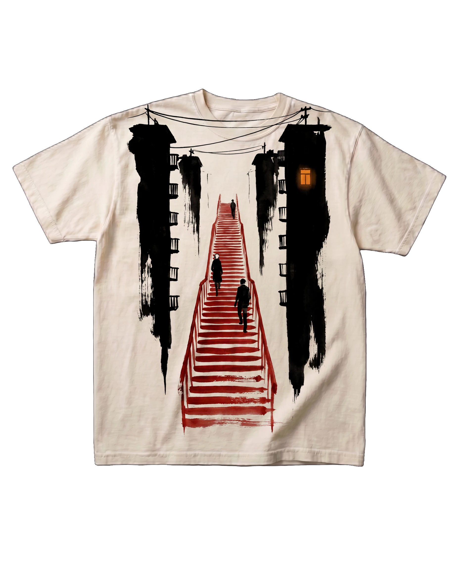 The Kataware-doki tee in Bone, laid flat: a sumi-e ink print of a red staircase climbing between two ink apartment towers, three small figures on the stairs, and one lit window.