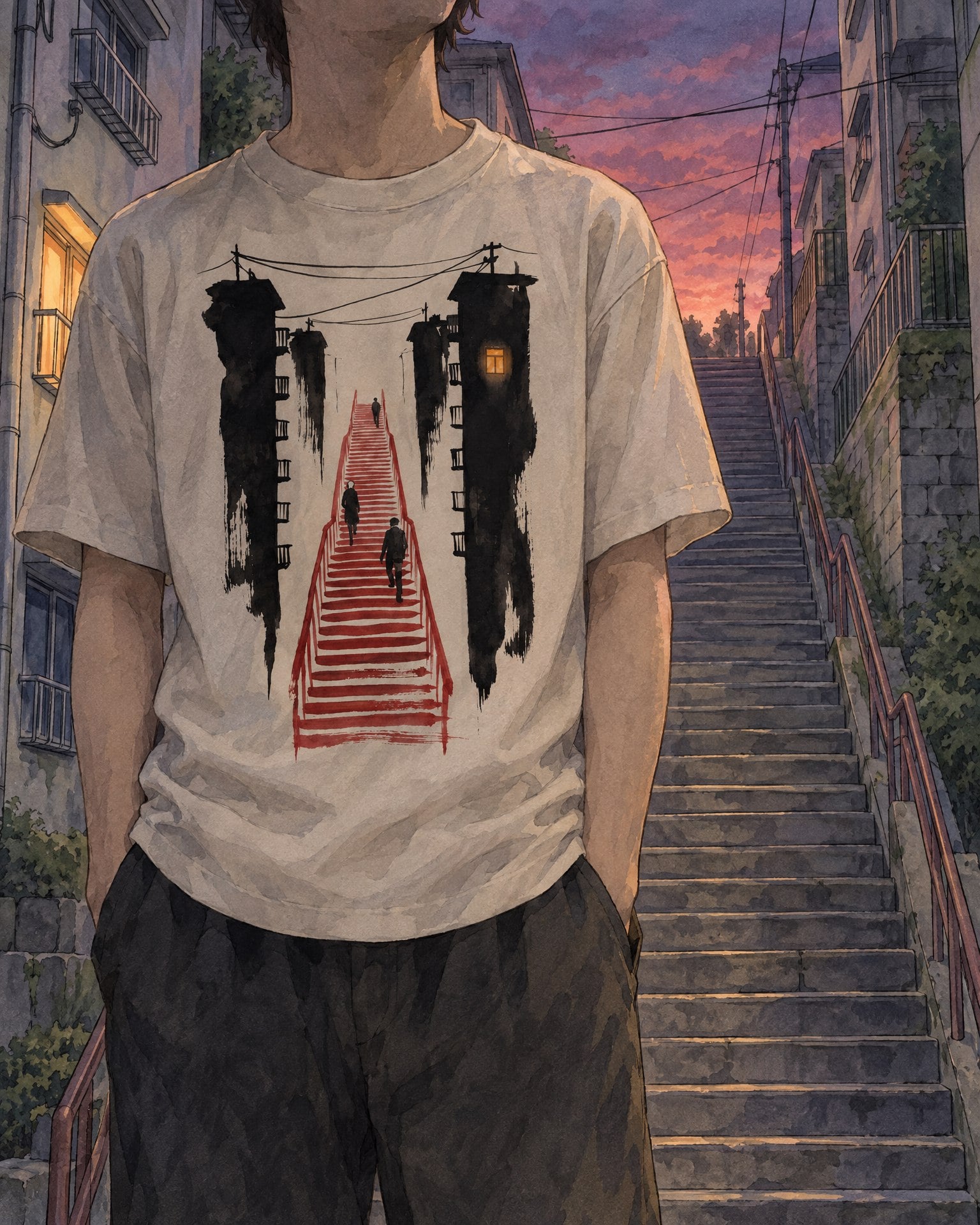 Watercolor painting of an anonymous figure wearing the Kataware-doki tee in Bone, at the foot of a long stone staircase between old apartment blocks at dusk.