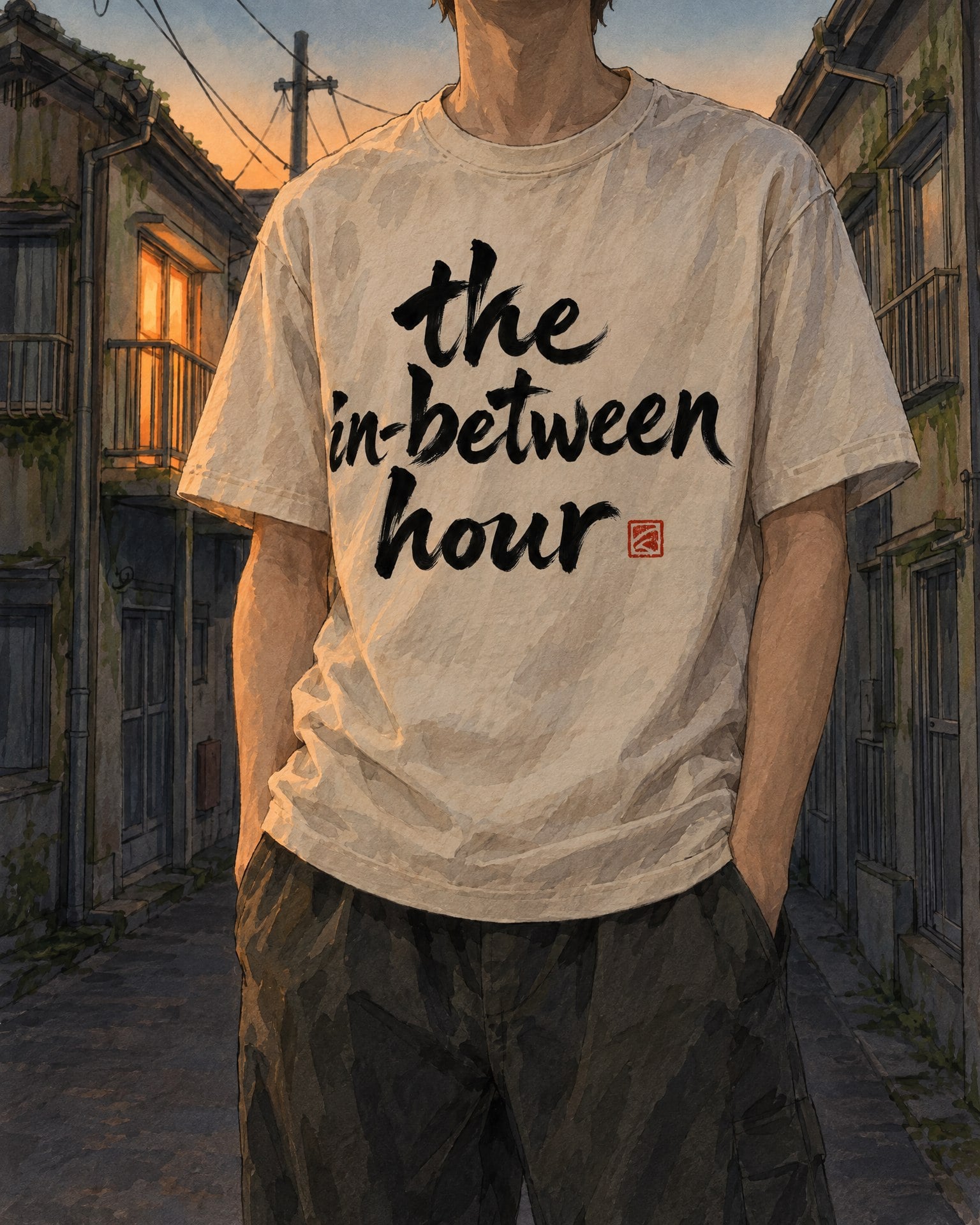 Watercolor painting of an anonymous figure wearing the in-between hour tee in Bone, in a narrow residential lane at dusk with one warm window lit.
