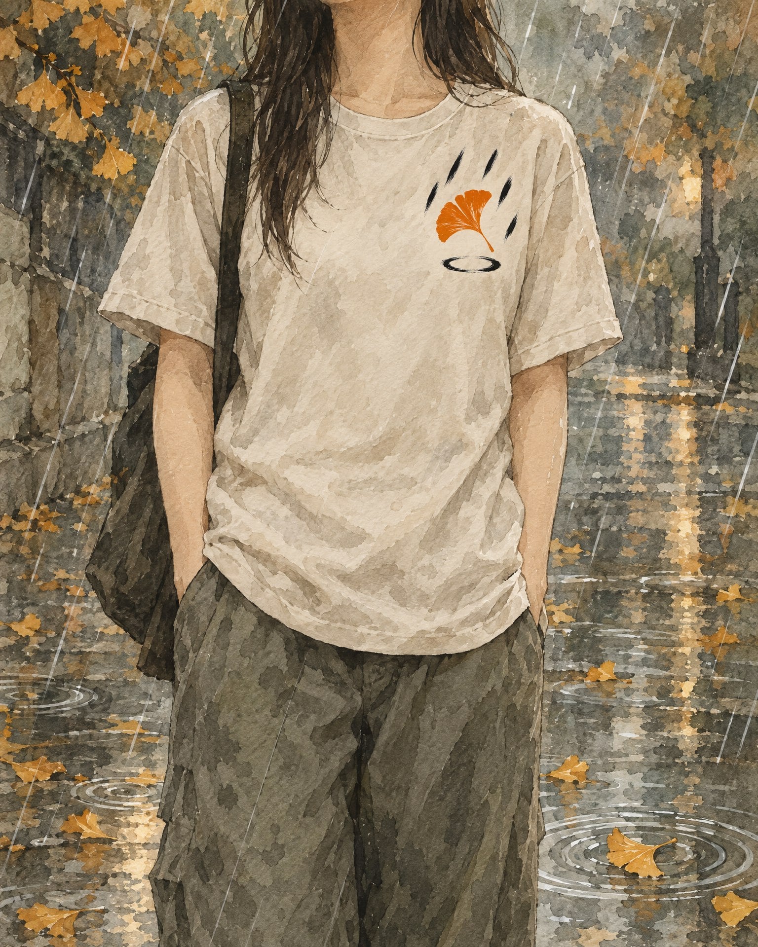 Watercolor painting of an anonymous figure wearing the Ginkgo, Rain tee in Bone, in a quiet street in autumn rain with ginkgo leaves on the wet ground.