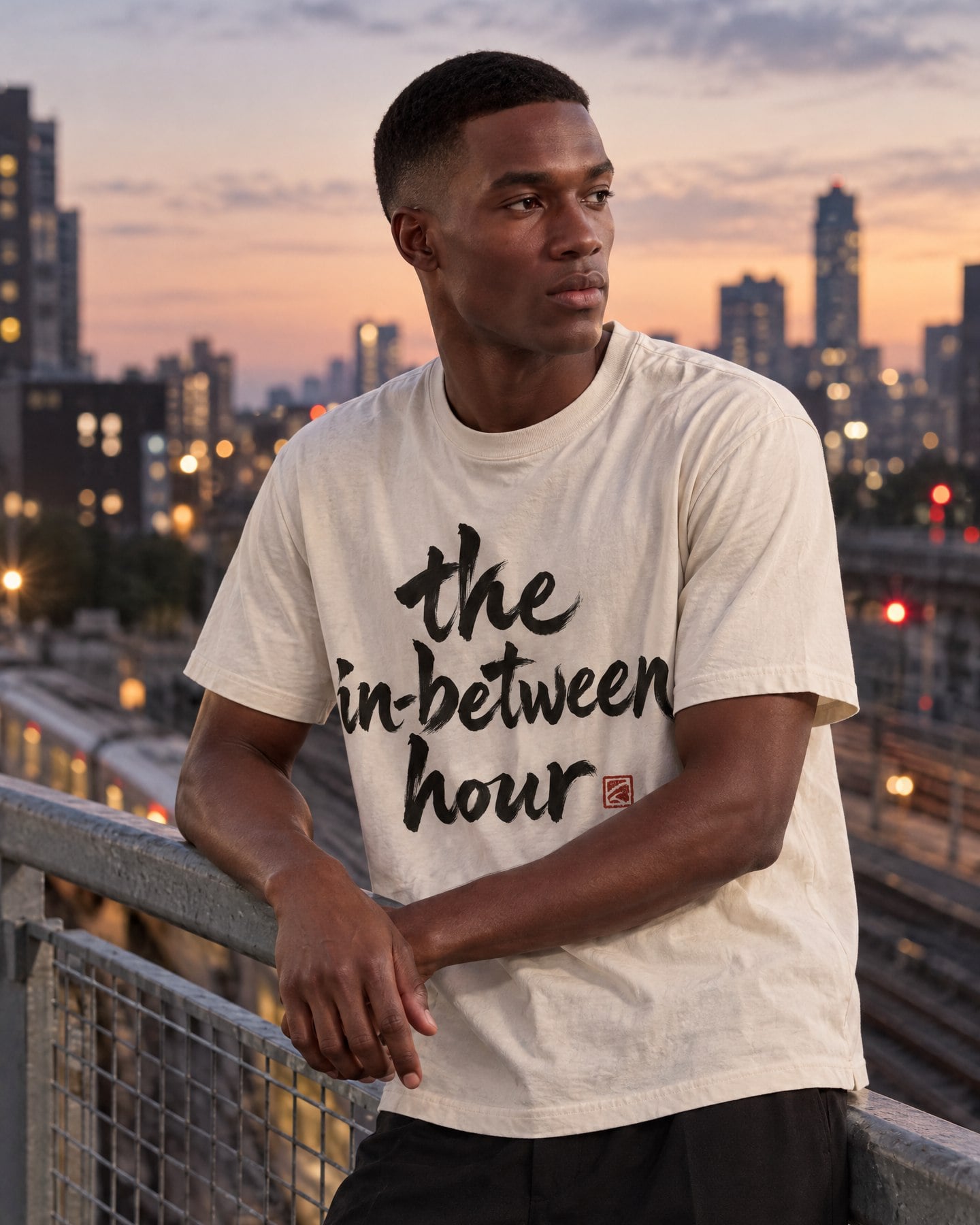 Photoreal image of a Black man wearing the in-between hour tee in Bone on a pedestrian bridge above railway tracks at dusk.