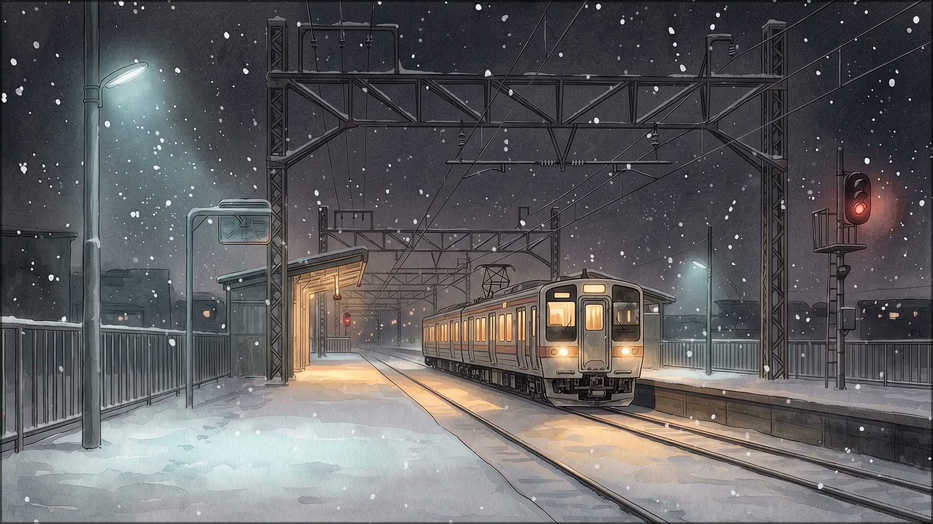 Four threshold scenes painted in watercolor: an empty rural station in heavy snowfall, the Suga staircase between Tokyo apartment blocks at kataware-doki, a wooden gazebo holding heavy summer rain over a pond, and a freestanding door in a flooded onsen-town ruin.