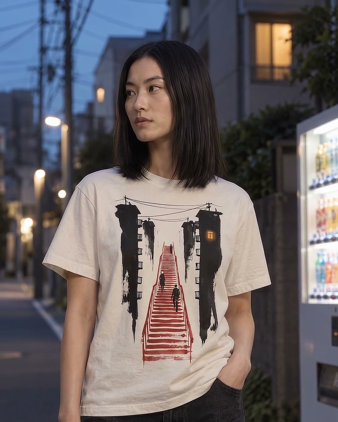 The Kataware-doki tee in Bone, laid flat: a sumi-e ink print of a red staircase climbing between two ink apartment towers, three small figures on the stairs, and one lit window.