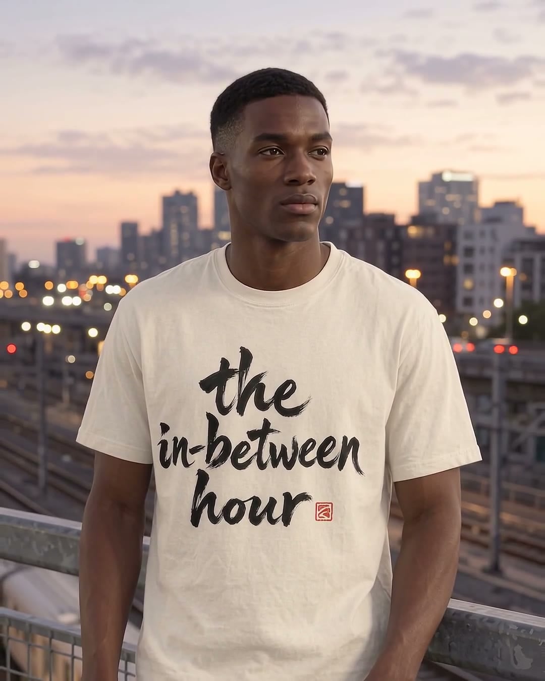 The in-between hour tee in Bone, laid flat: the words 'the in-between hour' brushed in sumi-ink calligraphy, with a small red seal.