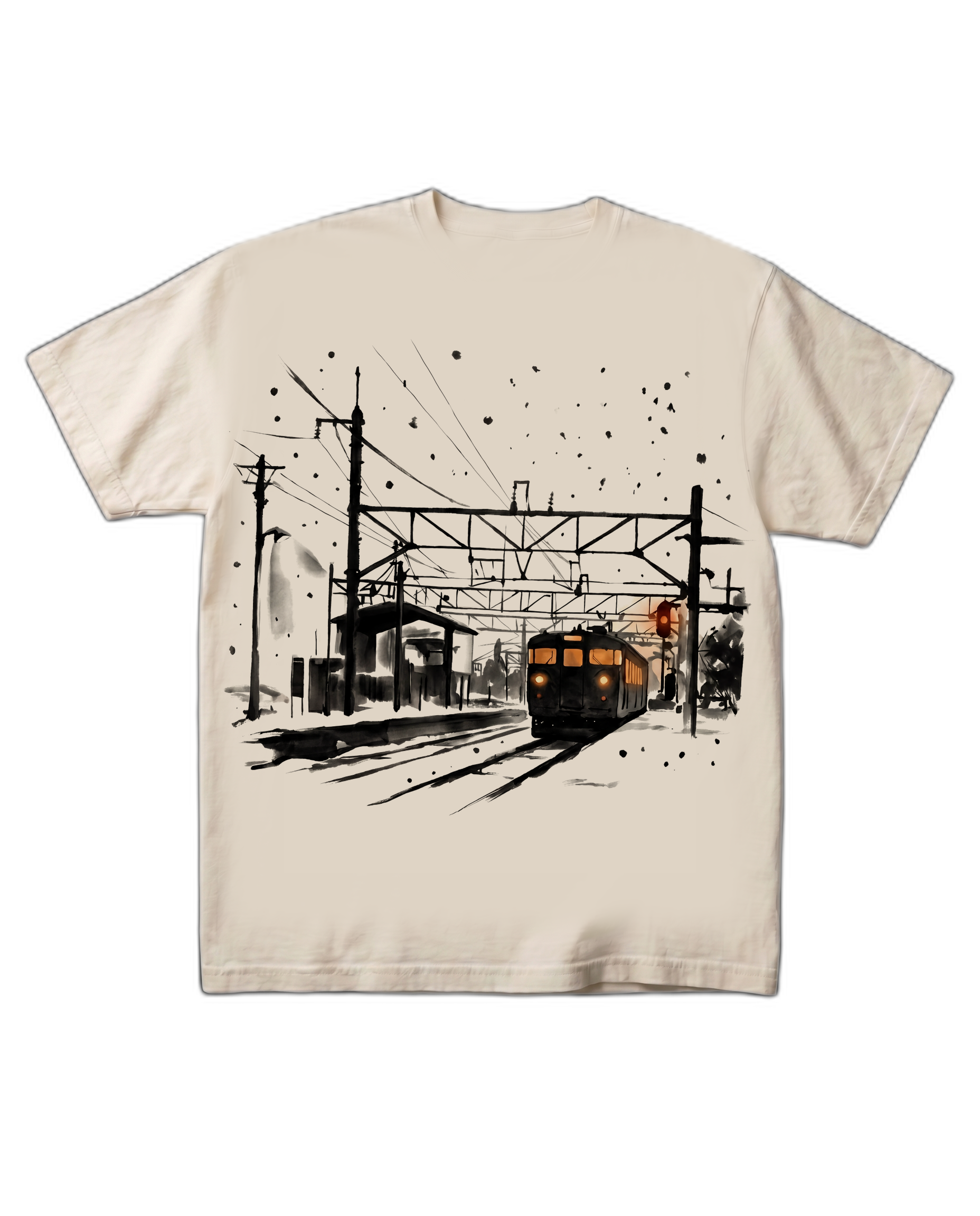 The Iwafune Station tee on a pure black background, flat-front catalog presentation. The sumi-e ink train print with sodium-amber lit windows centered on the chest.