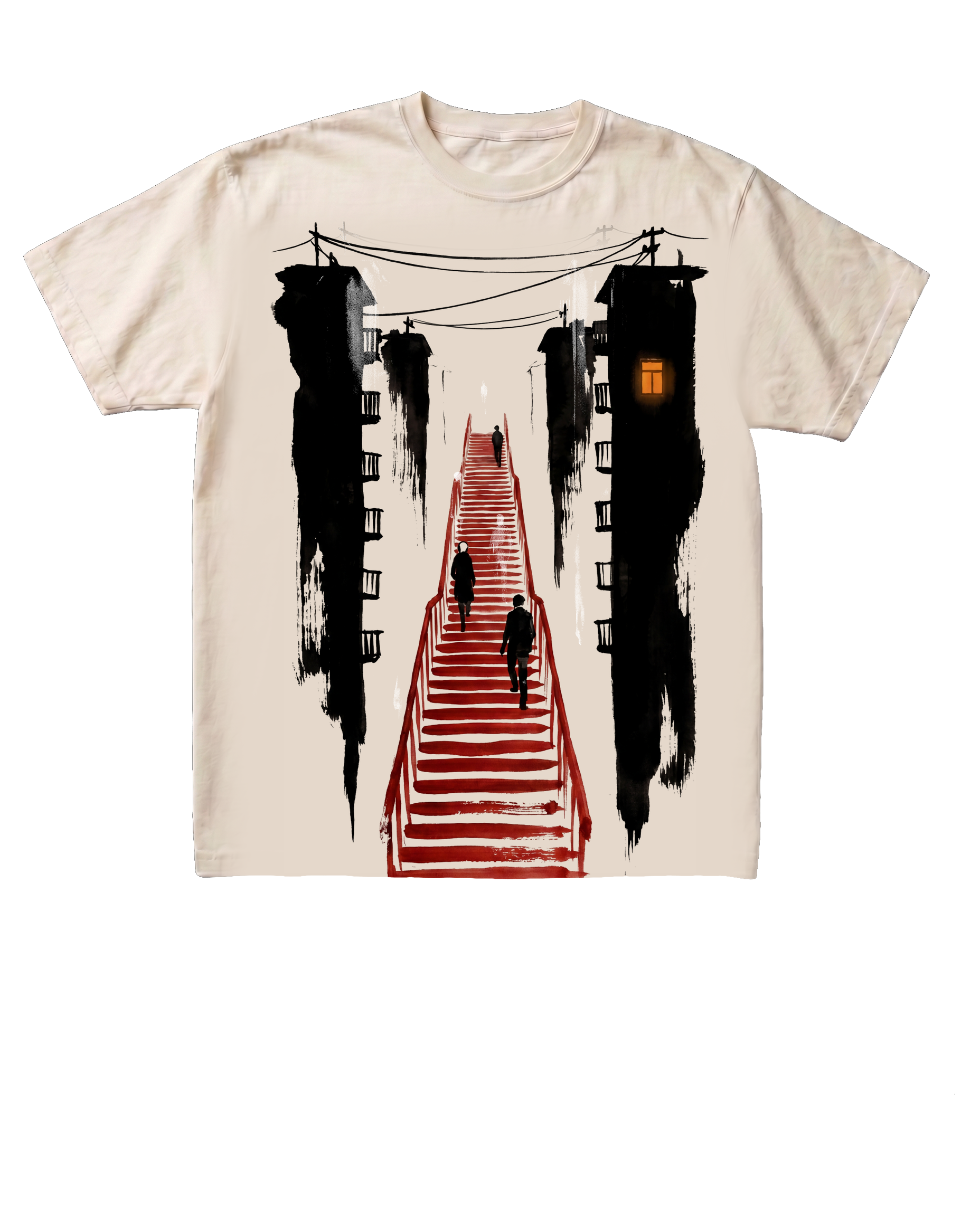 The Kataware-doki tee on a pure black background, flat-front catalog presentation. The brushwork red staircase print between brush-ink apartment-block silhouettes centered on the chest.