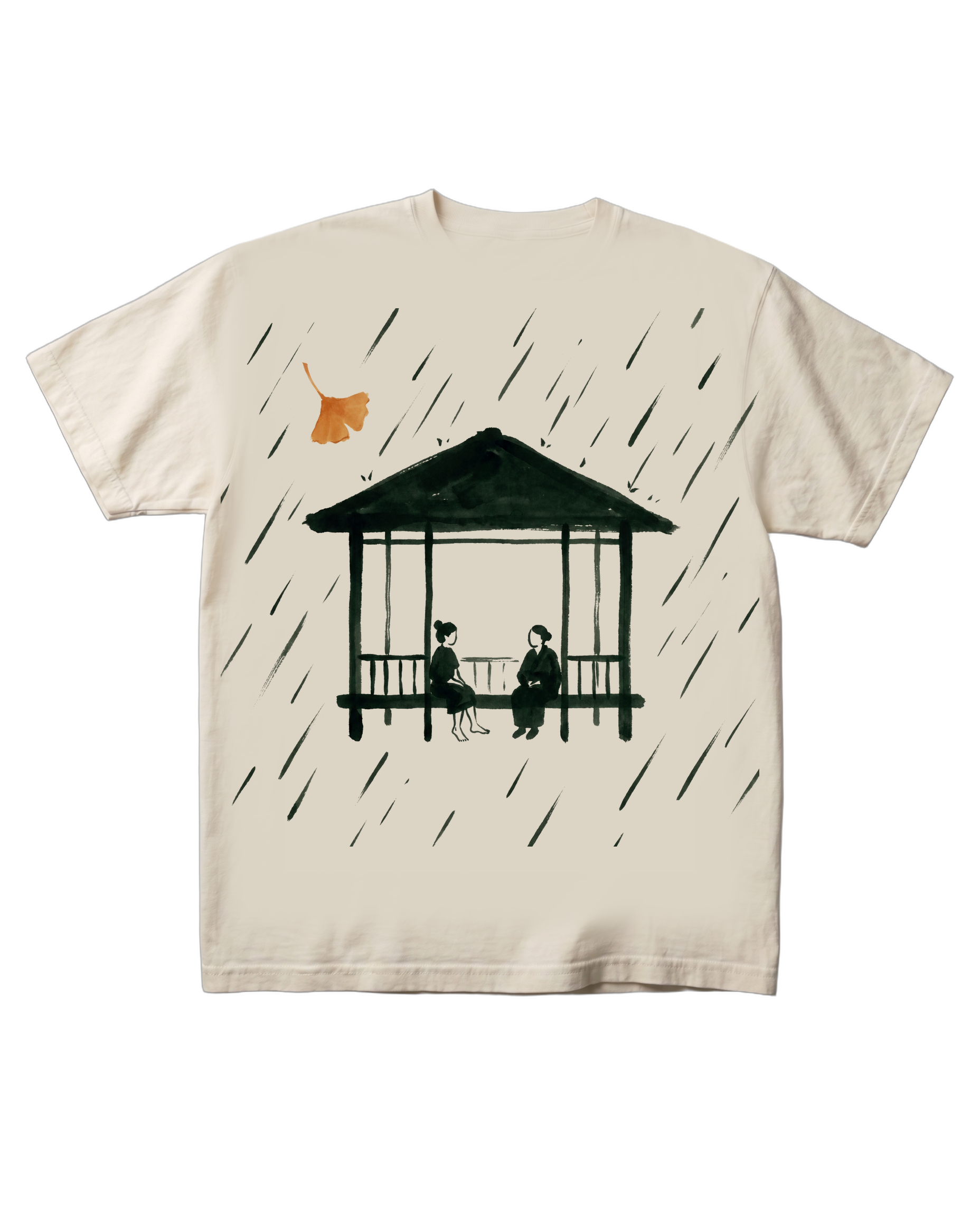 The Gazebo tee on a pure black background, flat-front catalog presentation. The sumi-e ink gazebo print with rain hatching and a warm-orange ginkgo leaf centered on the chest.