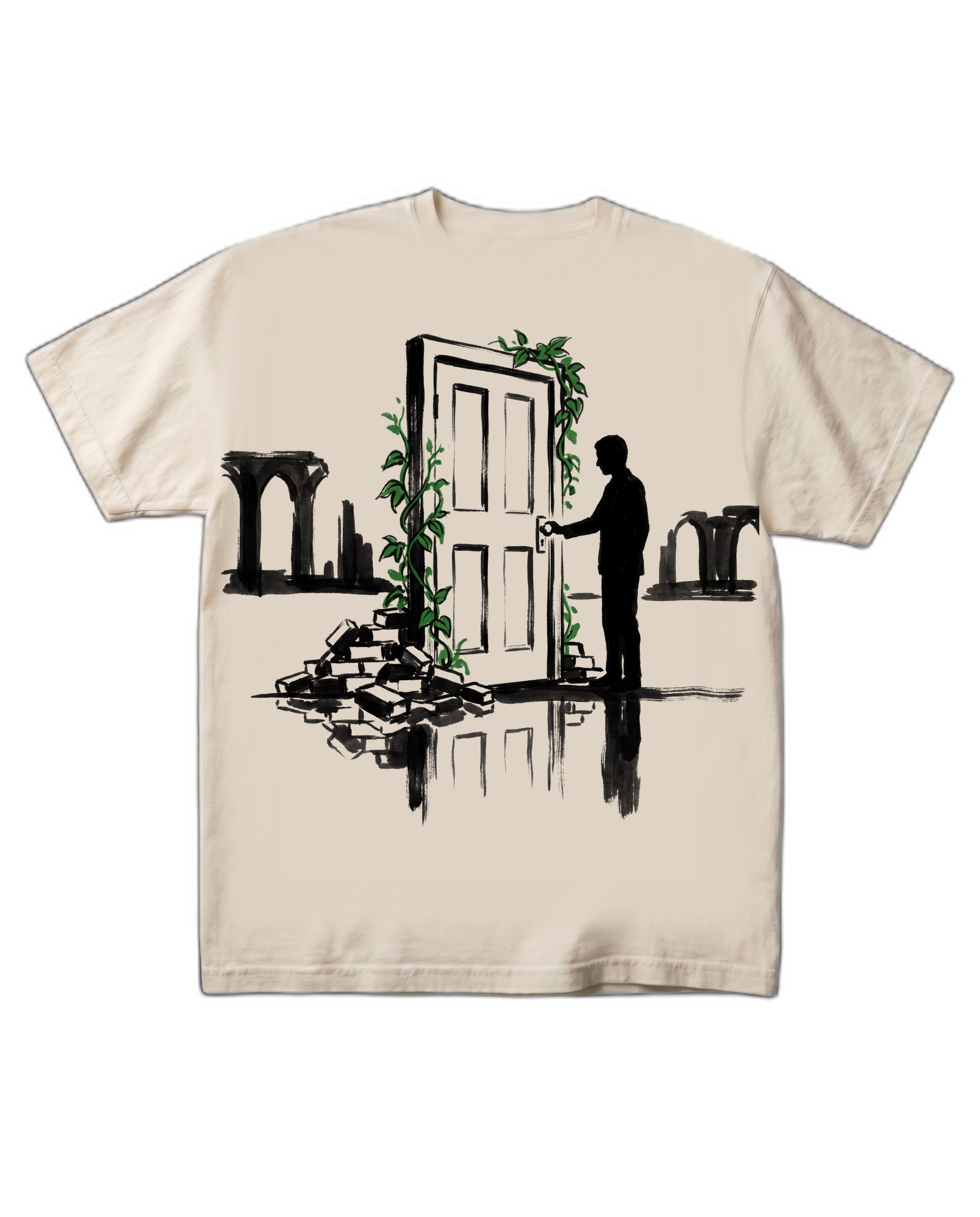 The Suzume's Door tee on a pure black background, flat-front catalog presentation. The freestanding white door with vines and figure silhouette centered on the chest.