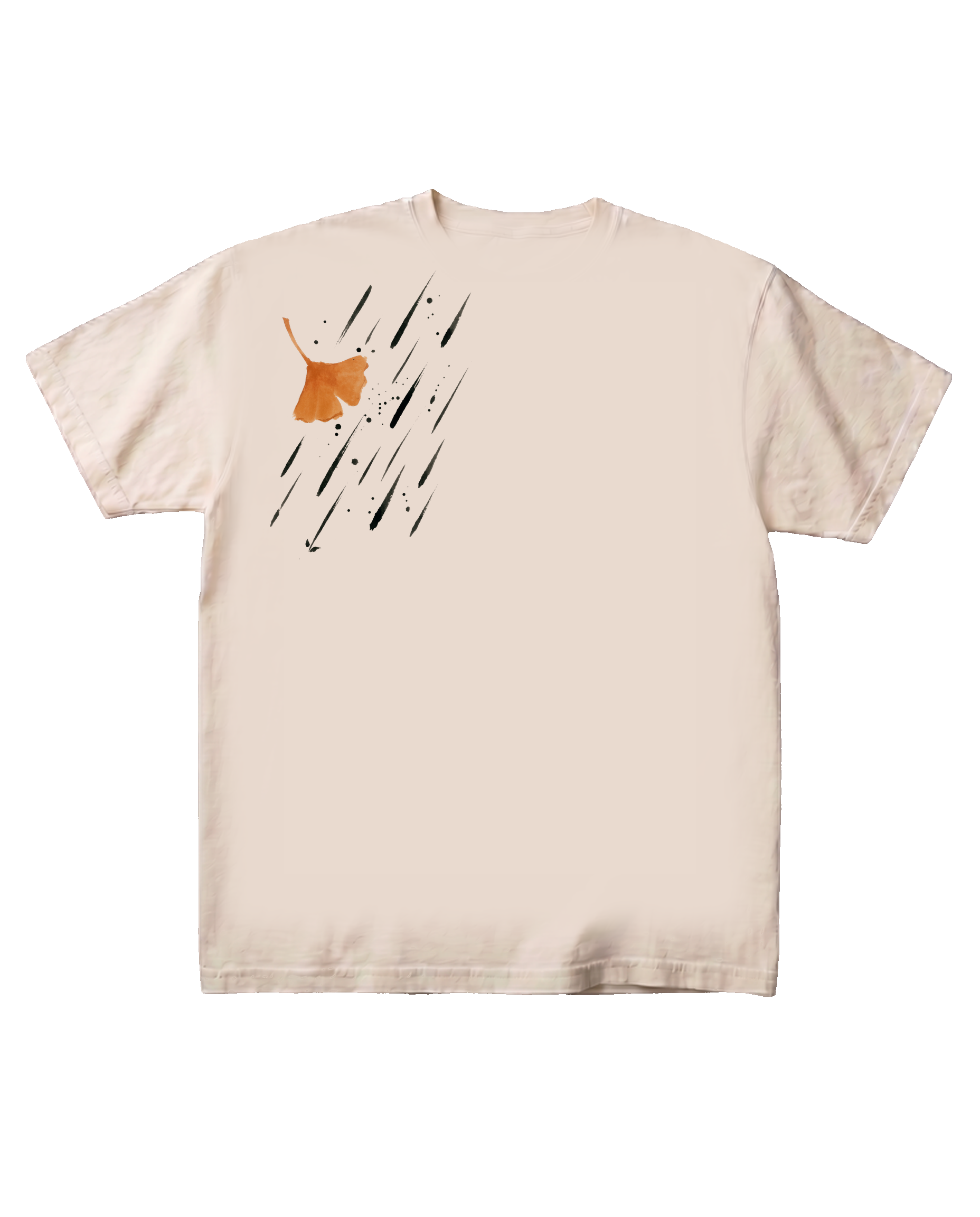 The Ginkgo, Rain tee on a pure black background, flat-front catalog presentation. A small warm-orange ginkgo leaf with diagonal sumi-e rain hatching anchored at the upper-left chest as an A3 motif.